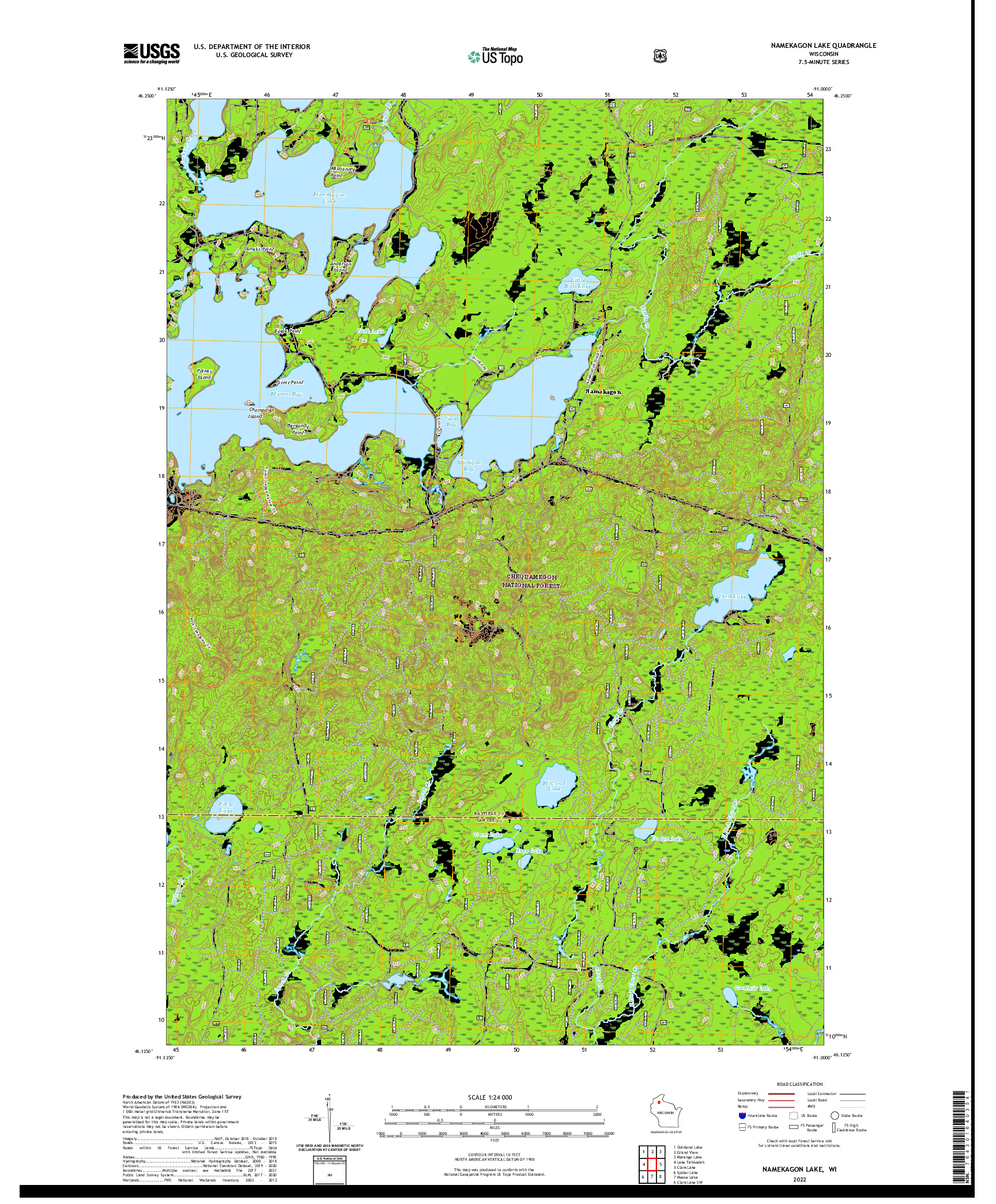 US TOPO 7.5-MINUTE MAP FOR NAMEKAGON LAKE, WI