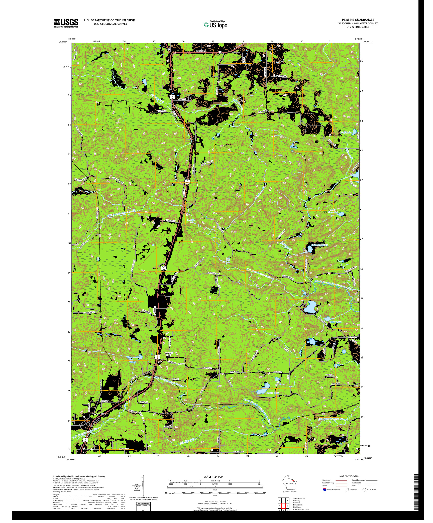 US TOPO 7.5-MINUTE MAP FOR PEMBINE, WI