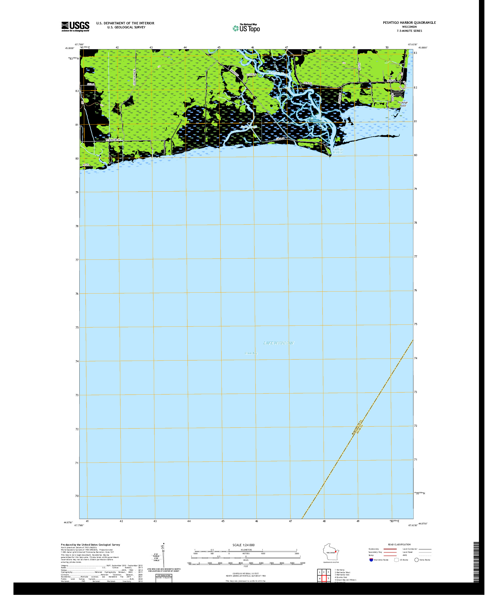 US TOPO 7.5-MINUTE MAP FOR PESHTIGO HARBOR, WI