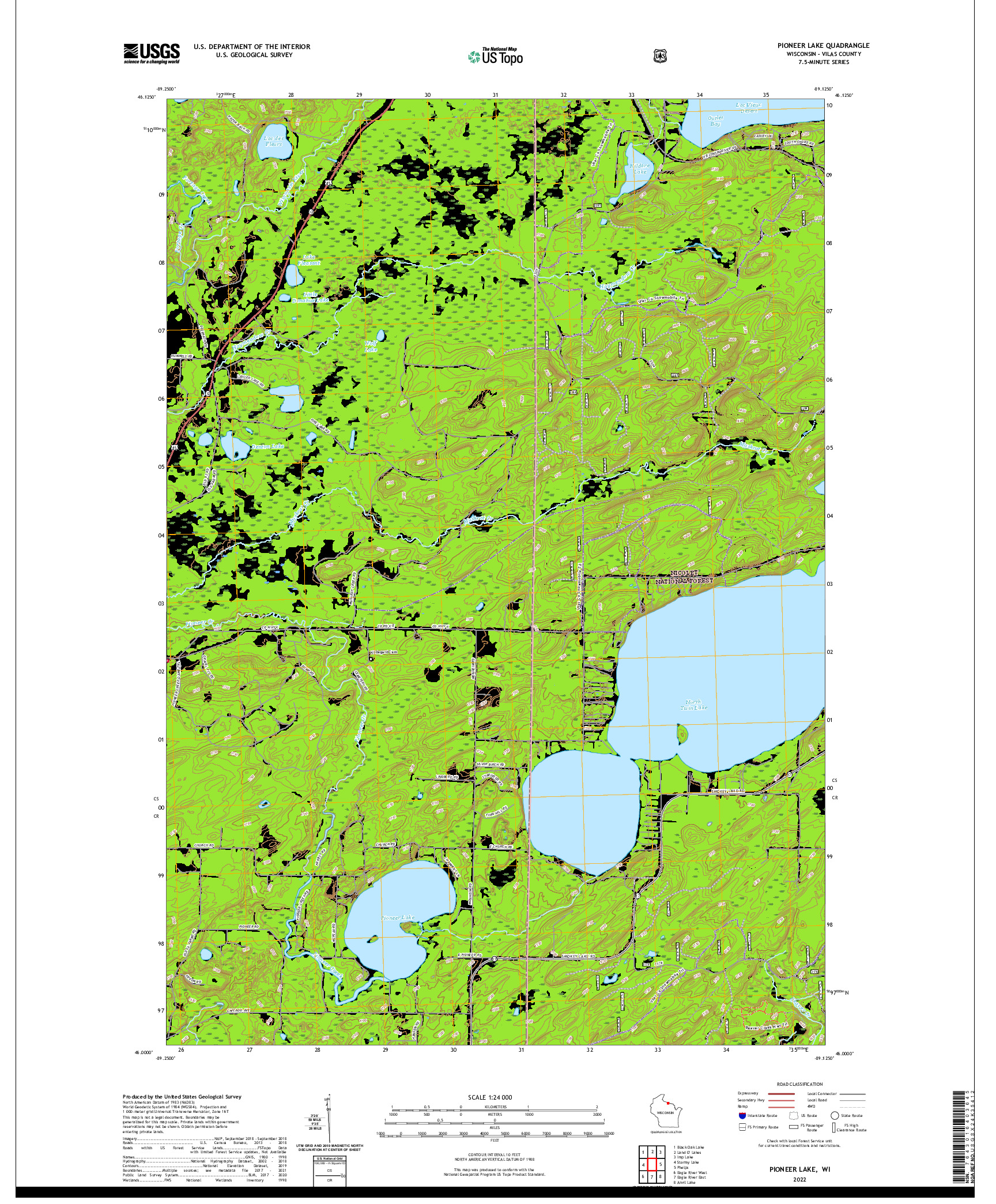 US TOPO 7.5-MINUTE MAP FOR PIONEER LAKE, WI