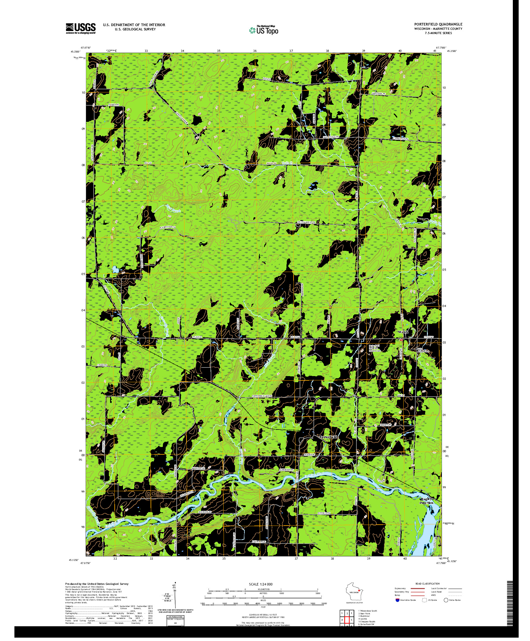 US TOPO 7.5-MINUTE MAP FOR PORTERFIELD, WI