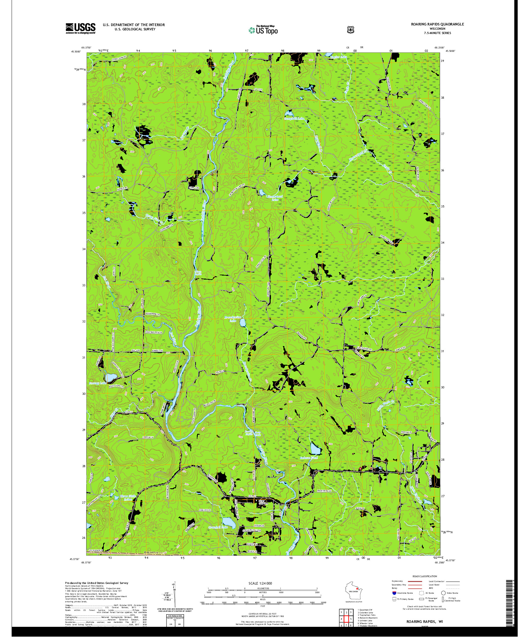 US TOPO 7.5-MINUTE MAP FOR ROARING RAPIDS, WI