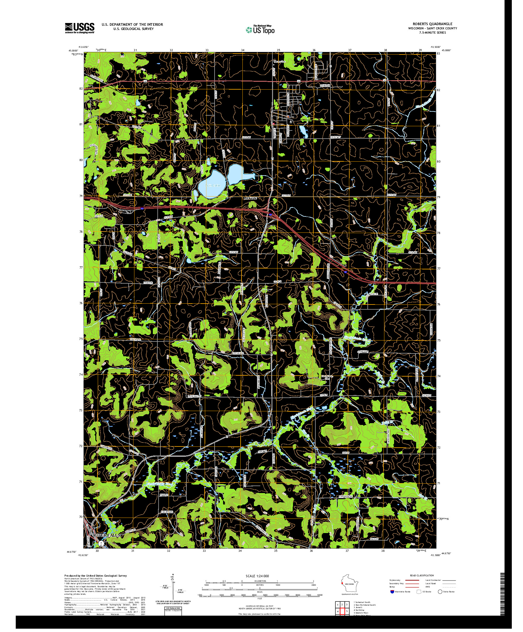 US TOPO 7.5-MINUTE MAP FOR ROBERTS, WI
