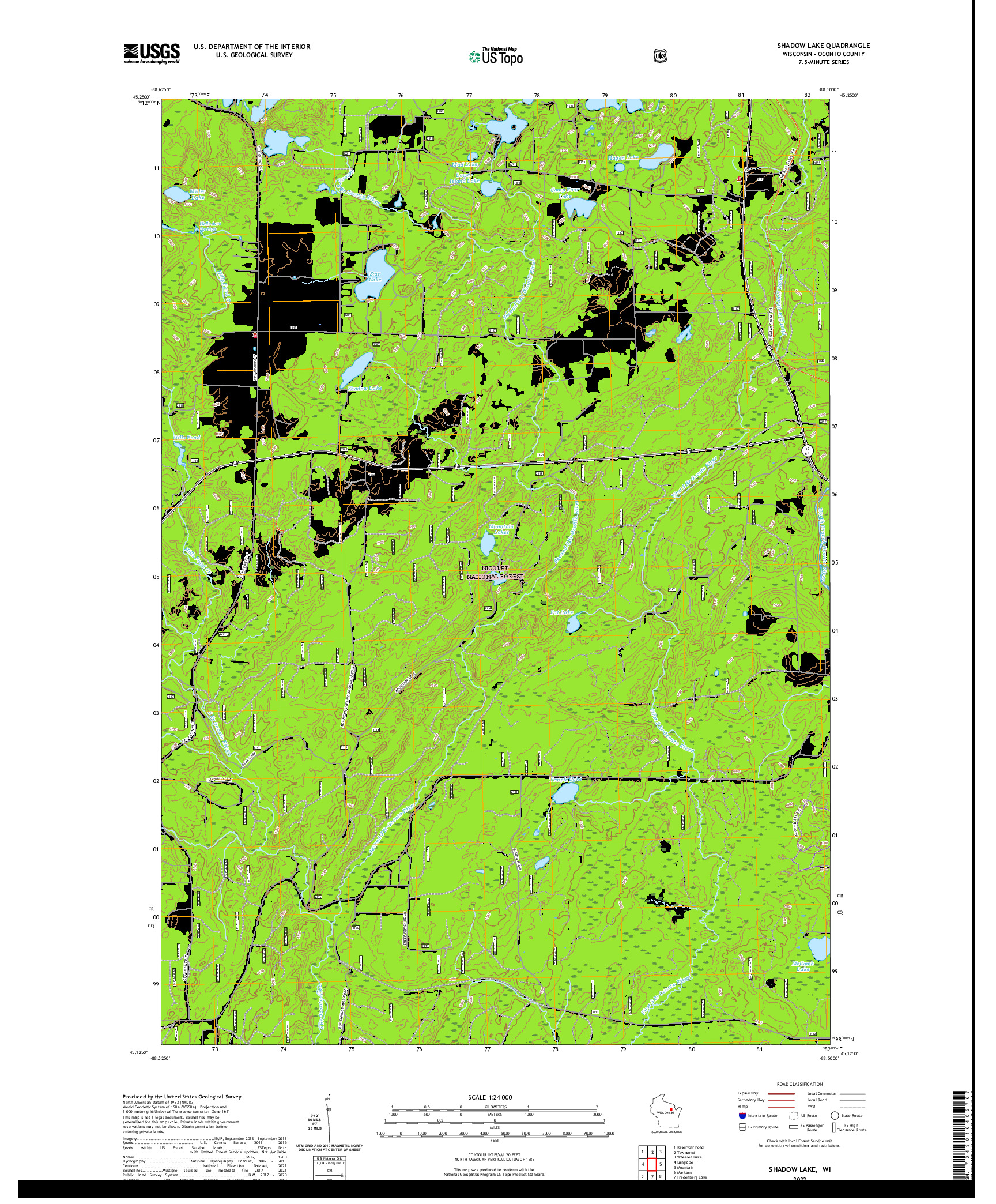 US TOPO 7.5-MINUTE MAP FOR SHADOW LAKE, WI