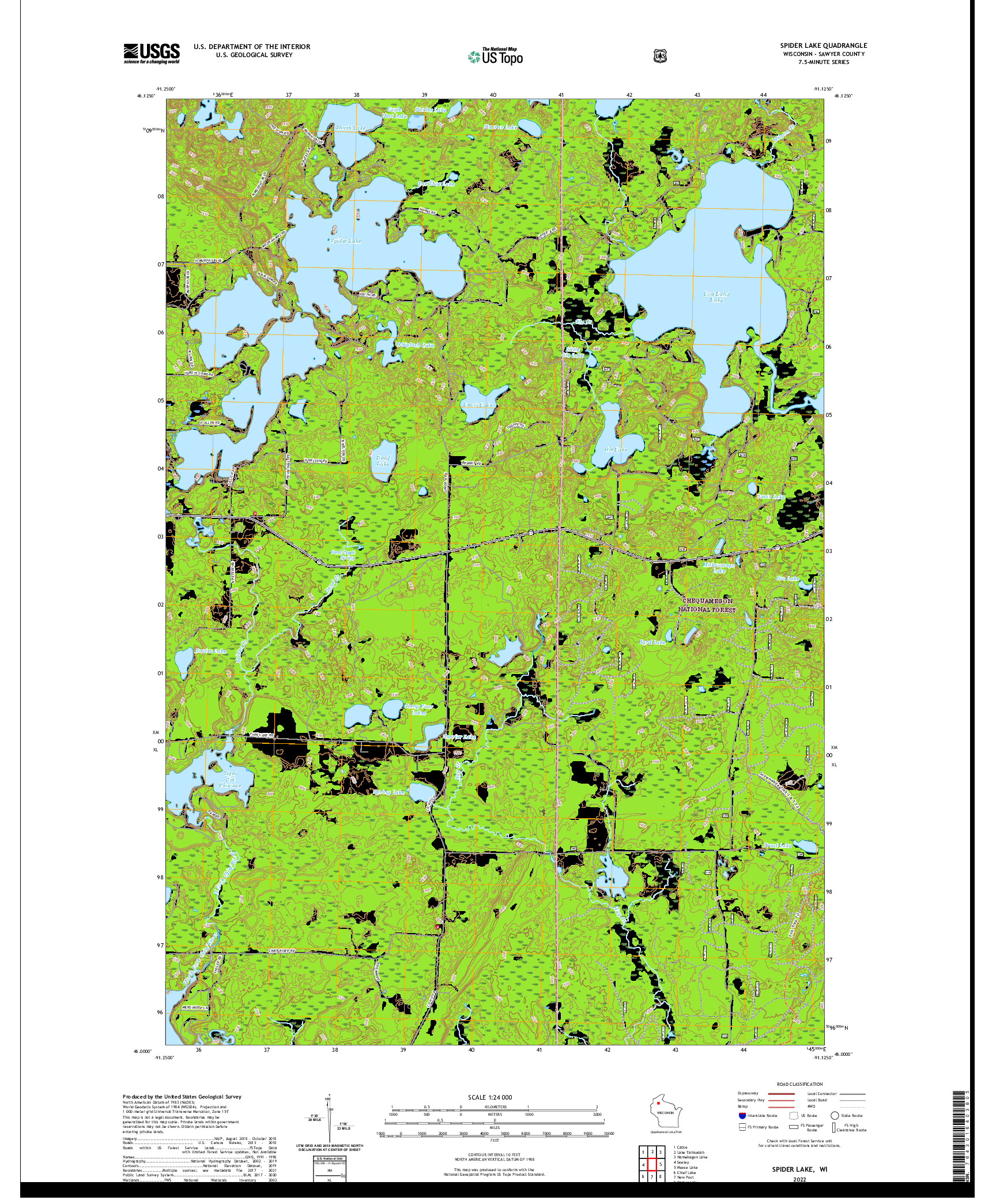 US TOPO 7.5-MINUTE MAP FOR SPIDER LAKE, WI