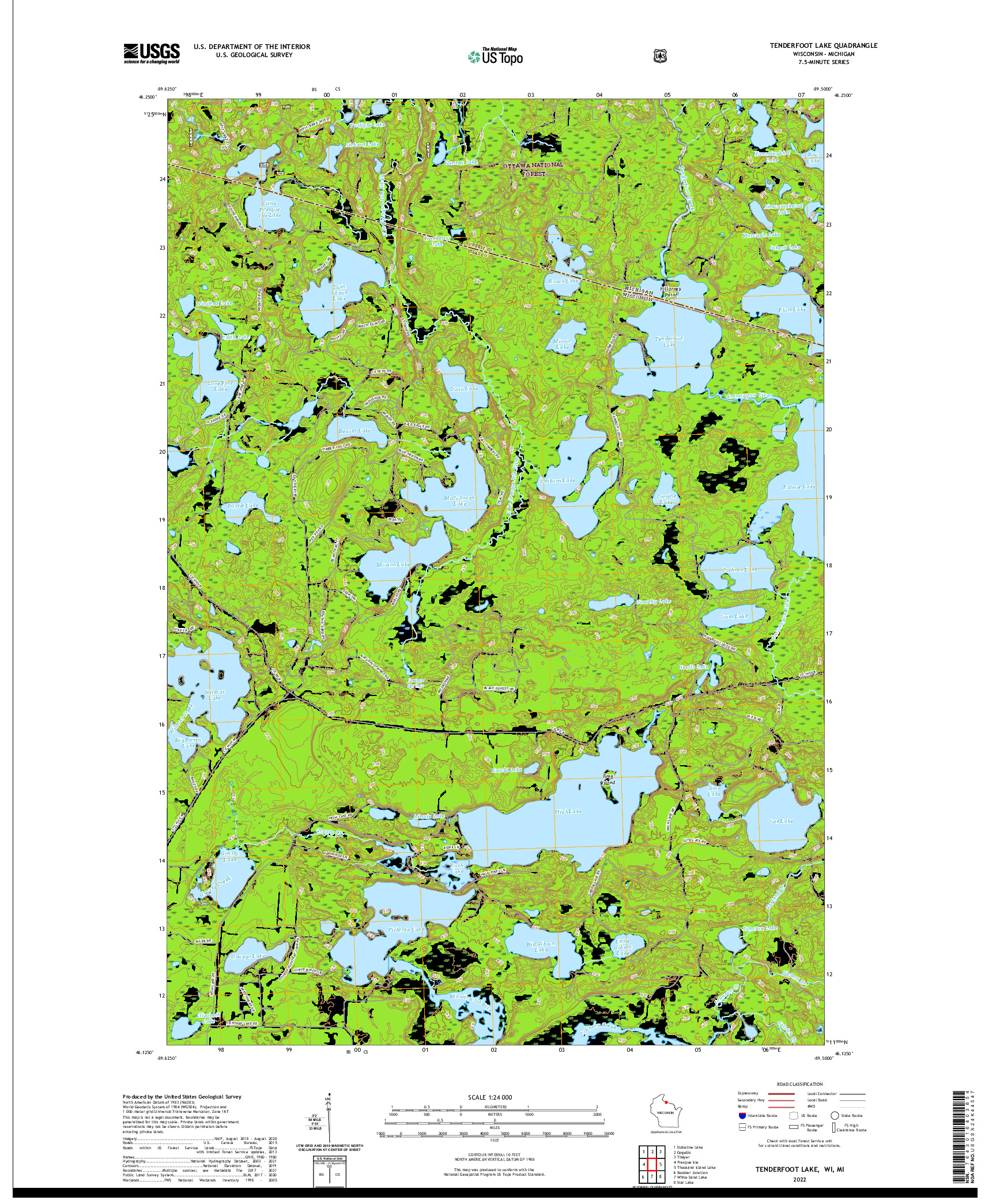 US TOPO 7.5-MINUTE MAP FOR TENDERFOOT LAKE, WI,MI
