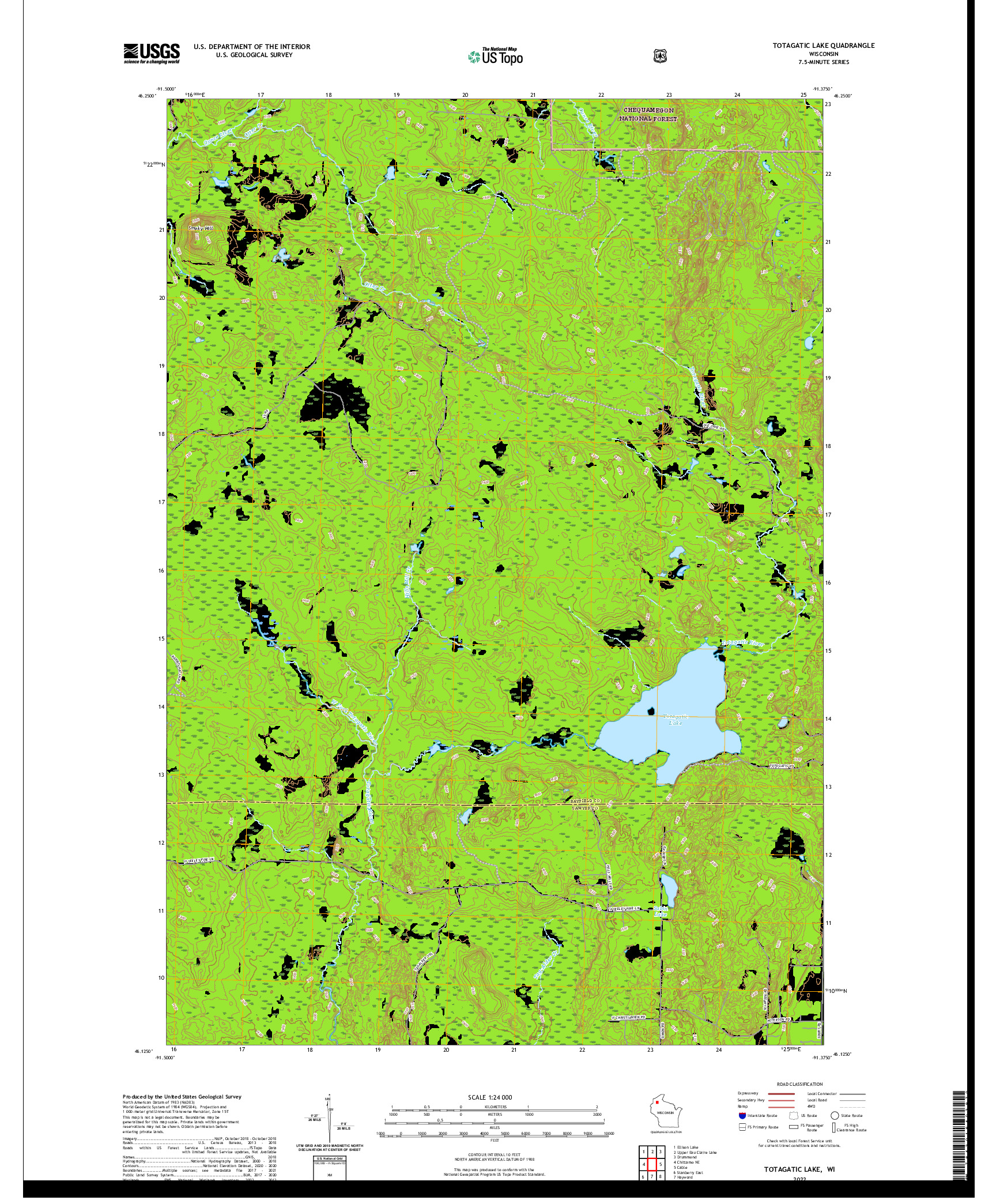 US TOPO 7.5-MINUTE MAP FOR TOTAGATIC LAKE, WI