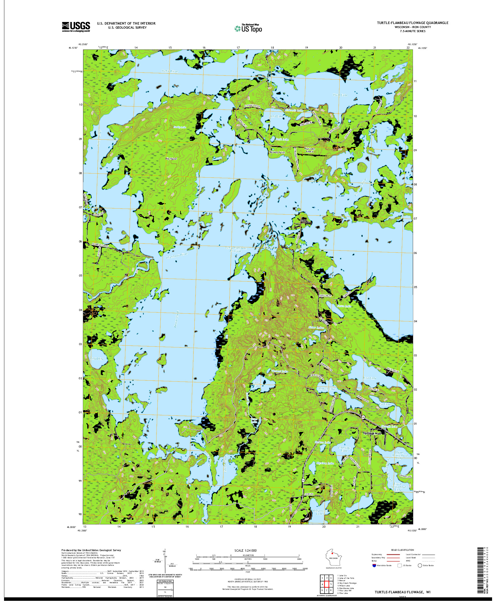 US TOPO 7.5-MINUTE MAP FOR TURTLE-FLAMBEAU FLOWAGE, WI