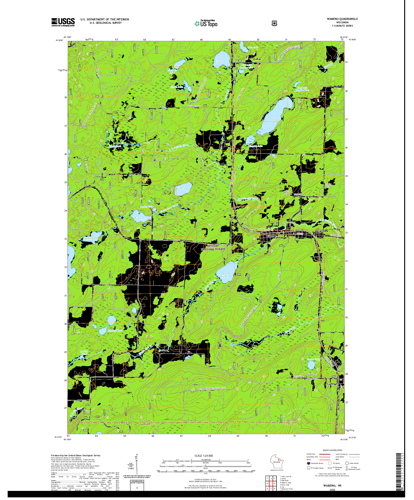 US TOPO 7.5-MINUTE MAP FOR WABENO, WI