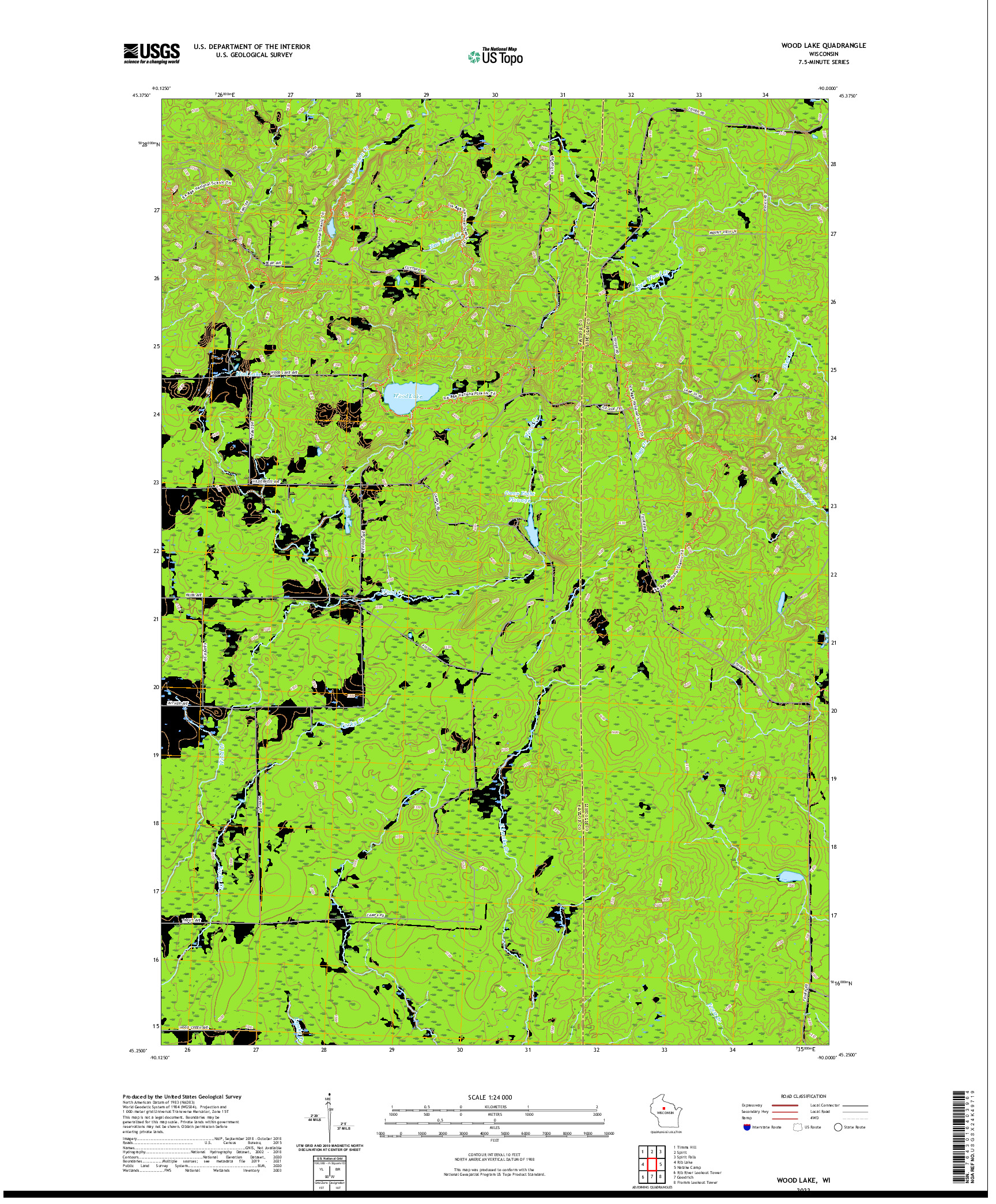 US TOPO 7.5-MINUTE MAP FOR WOOD LAKE, WI