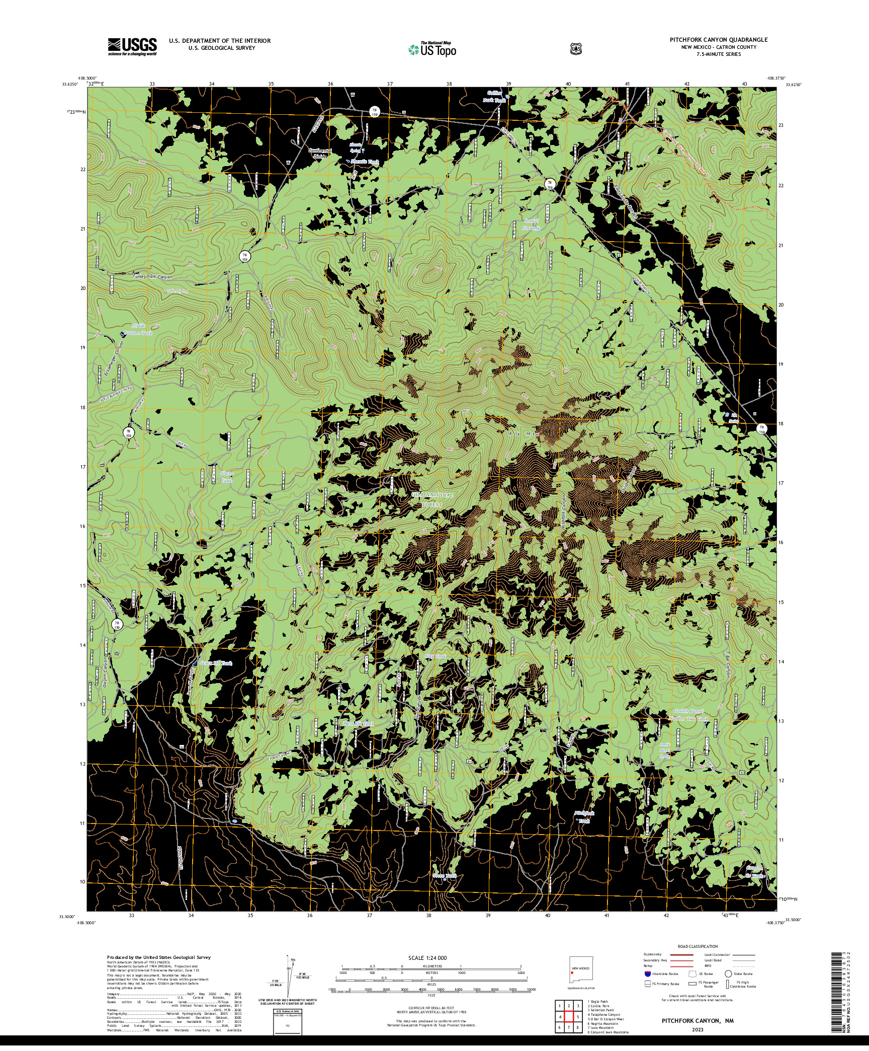 US TOPO 7.5-MINUTE MAP FOR PITCHFORK CANYON, NM