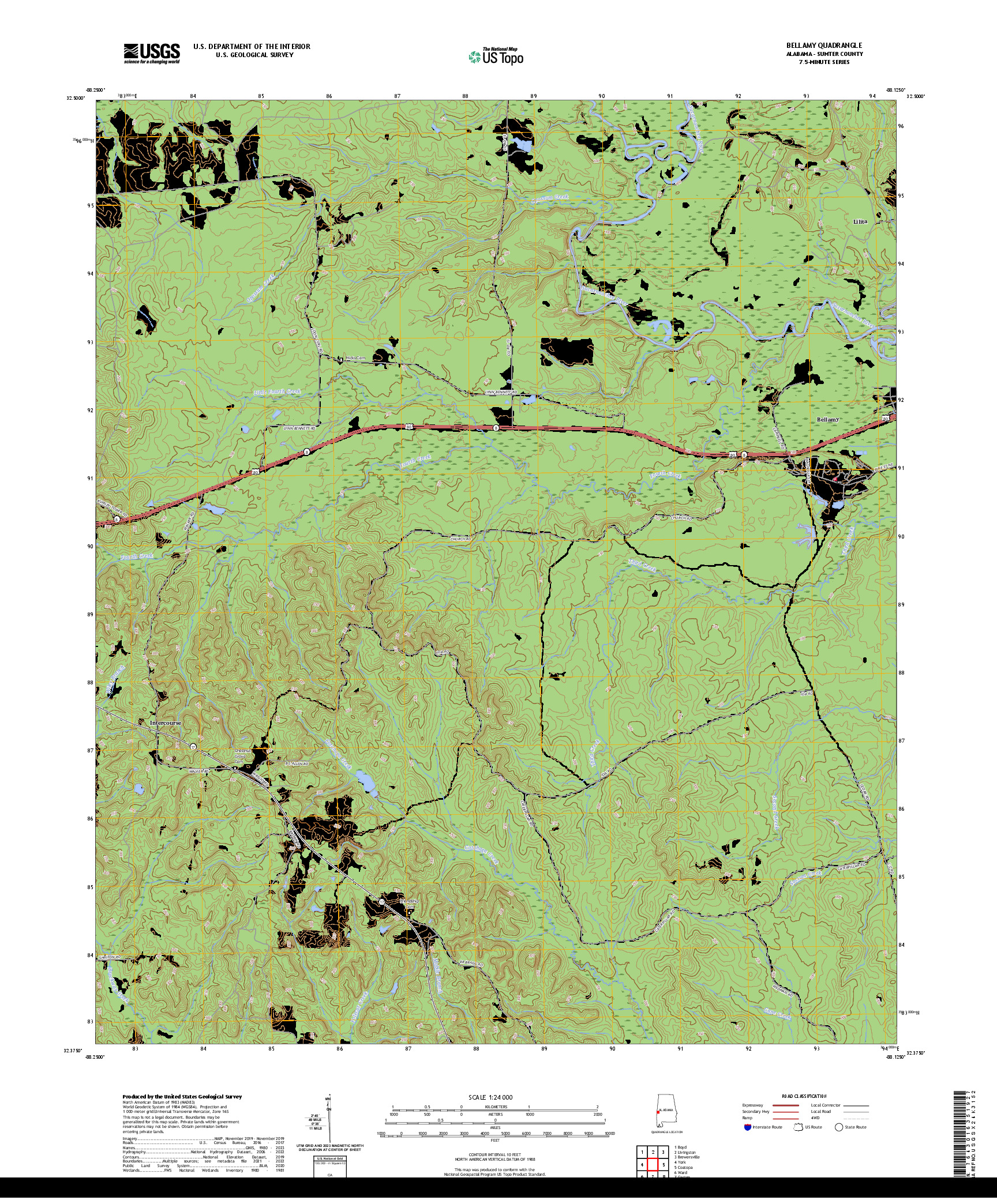 US TOPO 7.5-MINUTE MAP FOR BELLAMY, AL