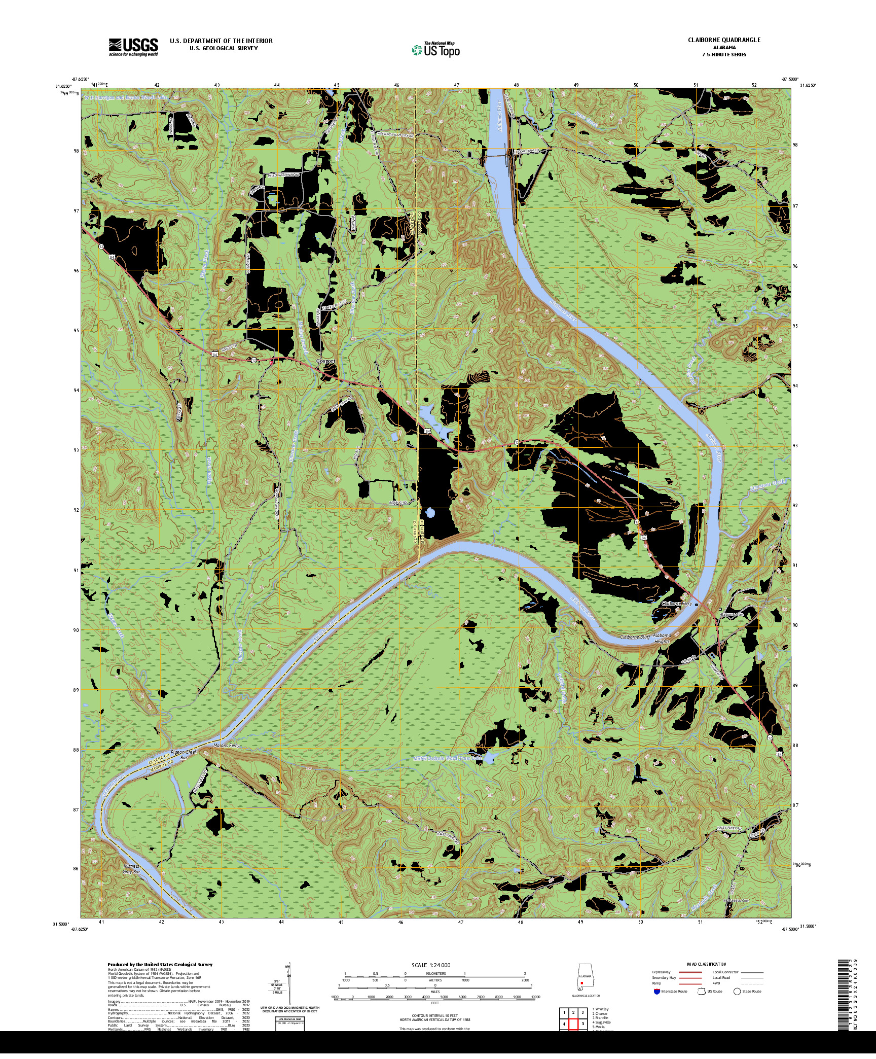 US TOPO 7.5-MINUTE MAP FOR CLAIBORNE, AL