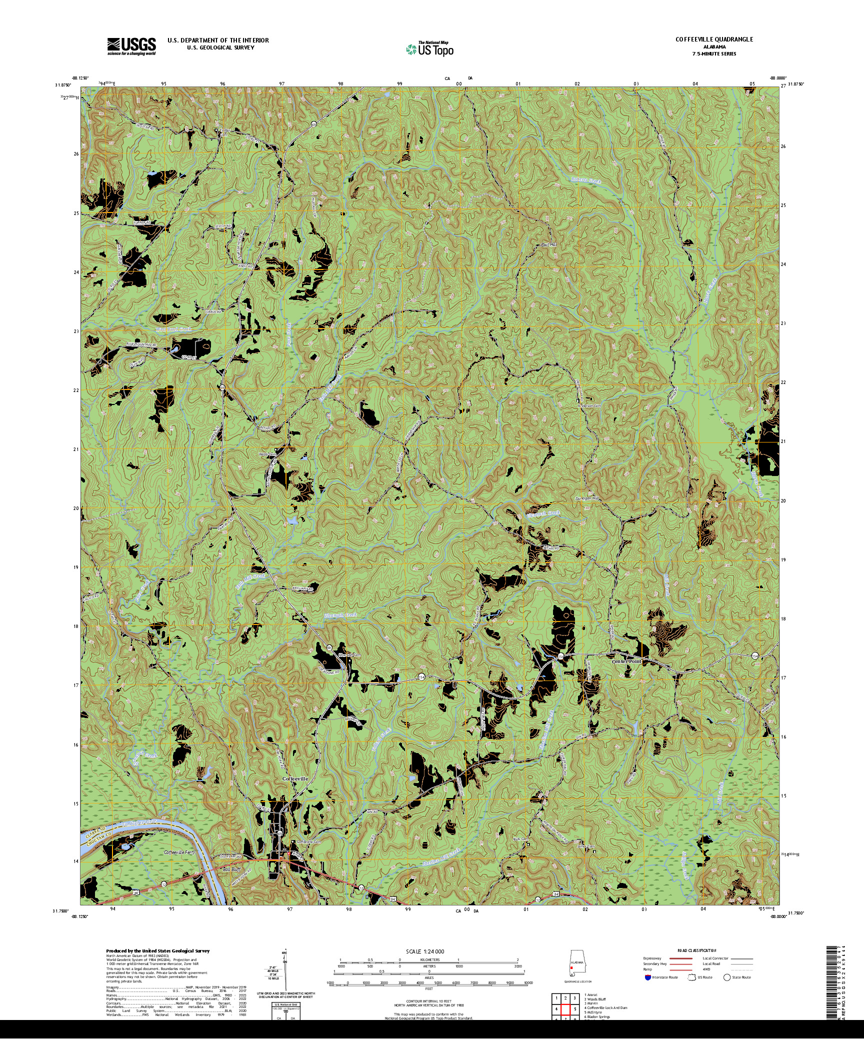 US TOPO 7.5-MINUTE MAP FOR COFFEEVILLE, AL
