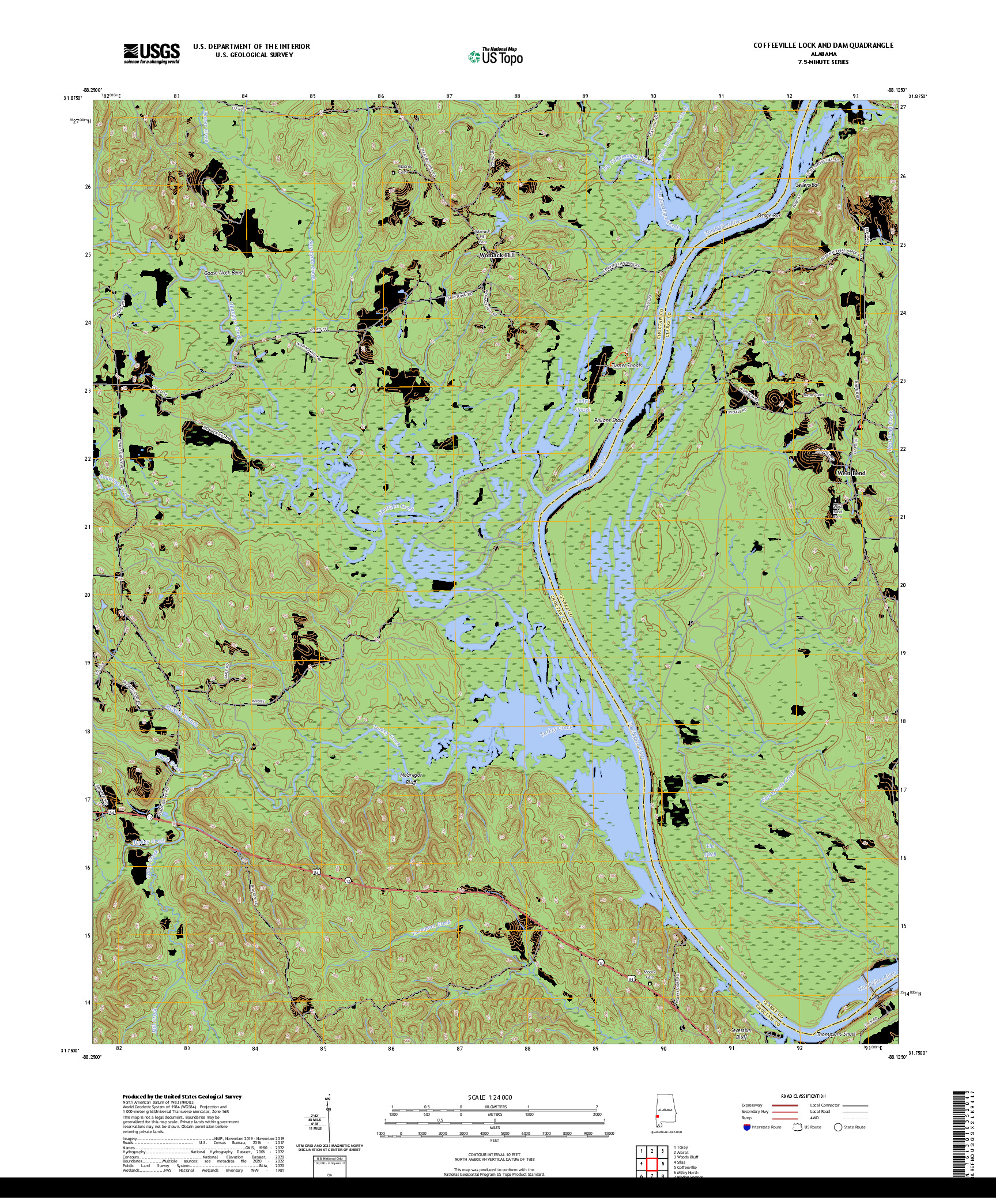 US TOPO 7.5-MINUTE MAP FOR COFFEEVILLE LOCK AND DAM, AL