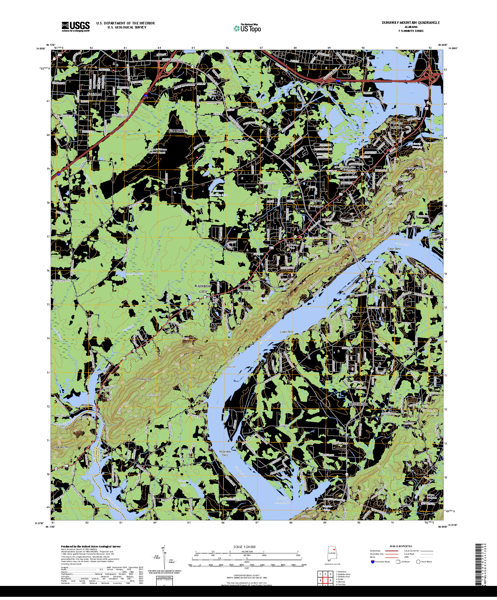US TOPO 7.5-MINUTE MAP FOR DUNAWAY MOUNTAIN, AL