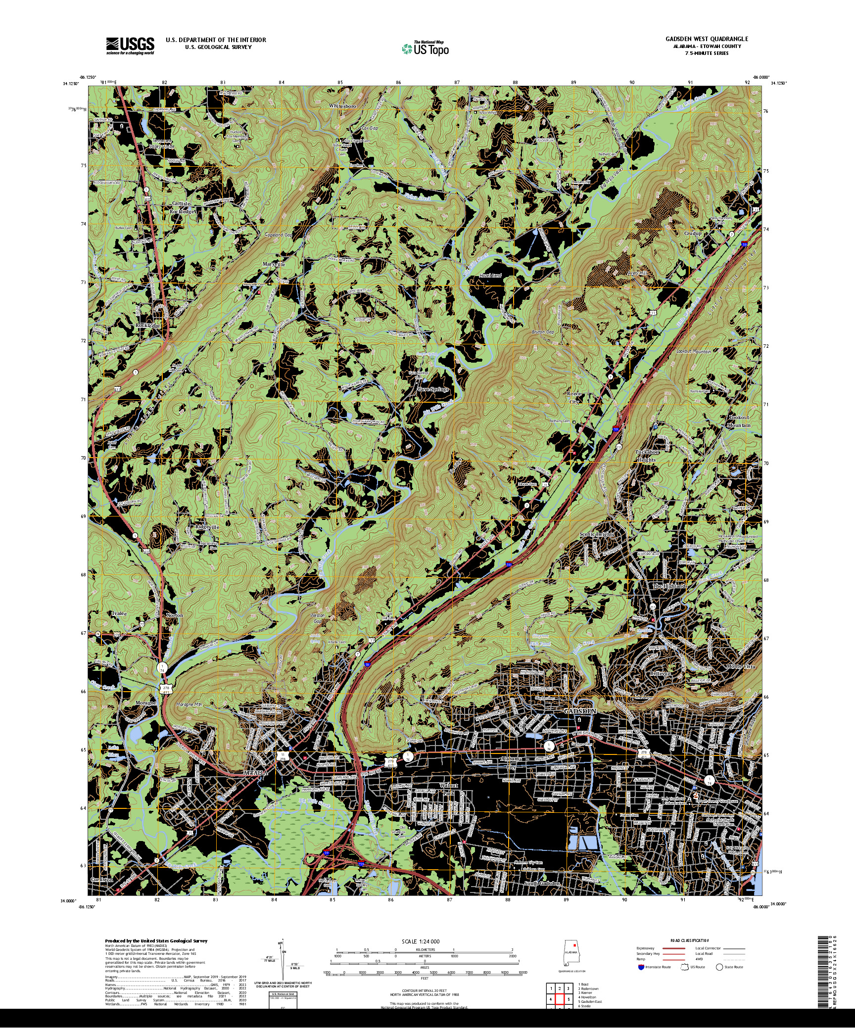 US TOPO 7.5-MINUTE MAP FOR GADSDEN WEST, AL