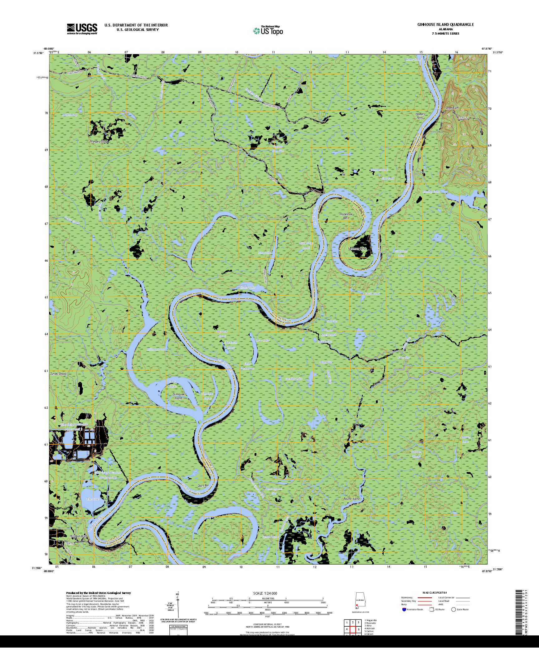 US TOPO 7.5-MINUTE MAP FOR GINHOUSE ISLAND, AL
