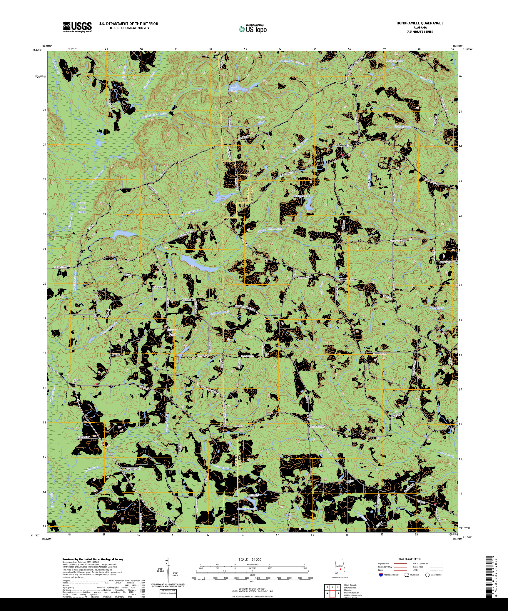 US TOPO 7.5-MINUTE MAP FOR HONORAVILLE, AL