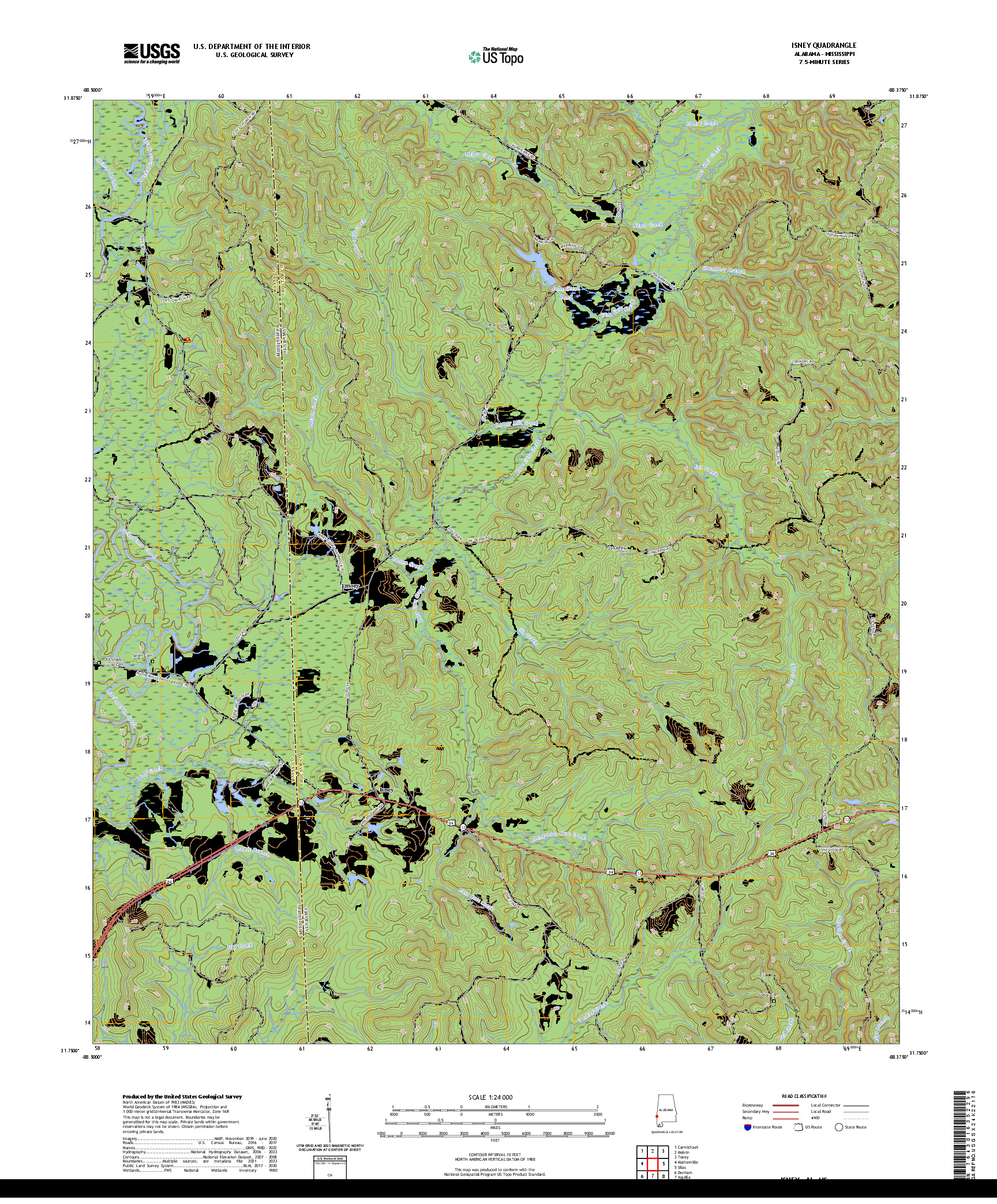 US TOPO 7.5-MINUTE MAP FOR ISNEY, AL,MS