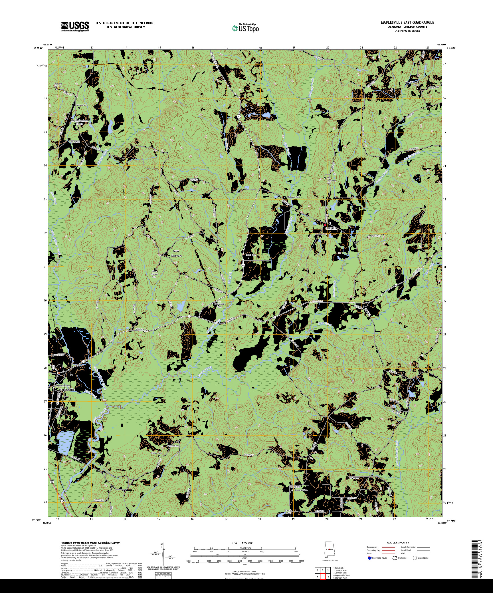 US TOPO 7.5-MINUTE MAP FOR MAPLESVILLE EAST, AL