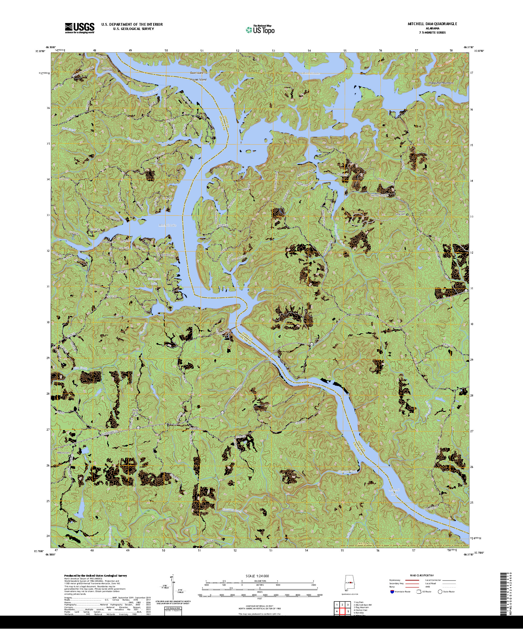 US TOPO 7.5-MINUTE MAP FOR MITCHELL DAM, AL
