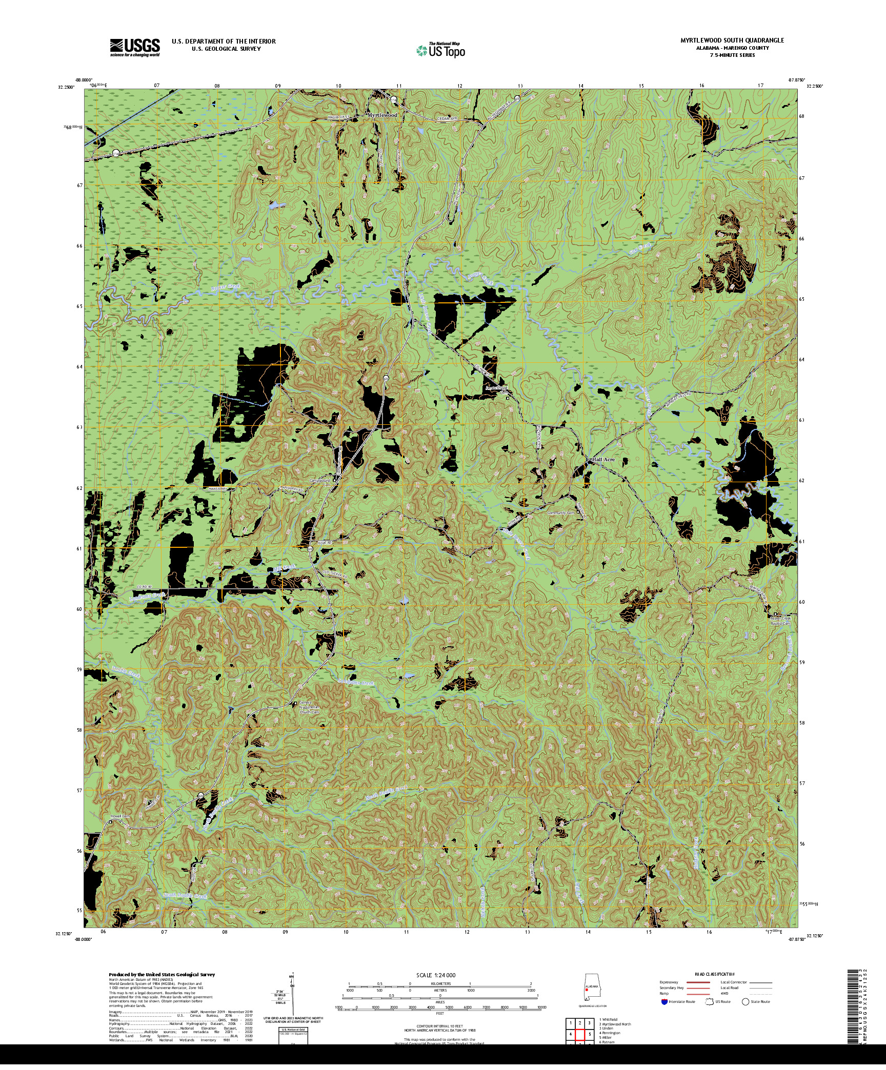 US TOPO 7.5-MINUTE MAP FOR MYRTLEWOOD SOUTH, AL
