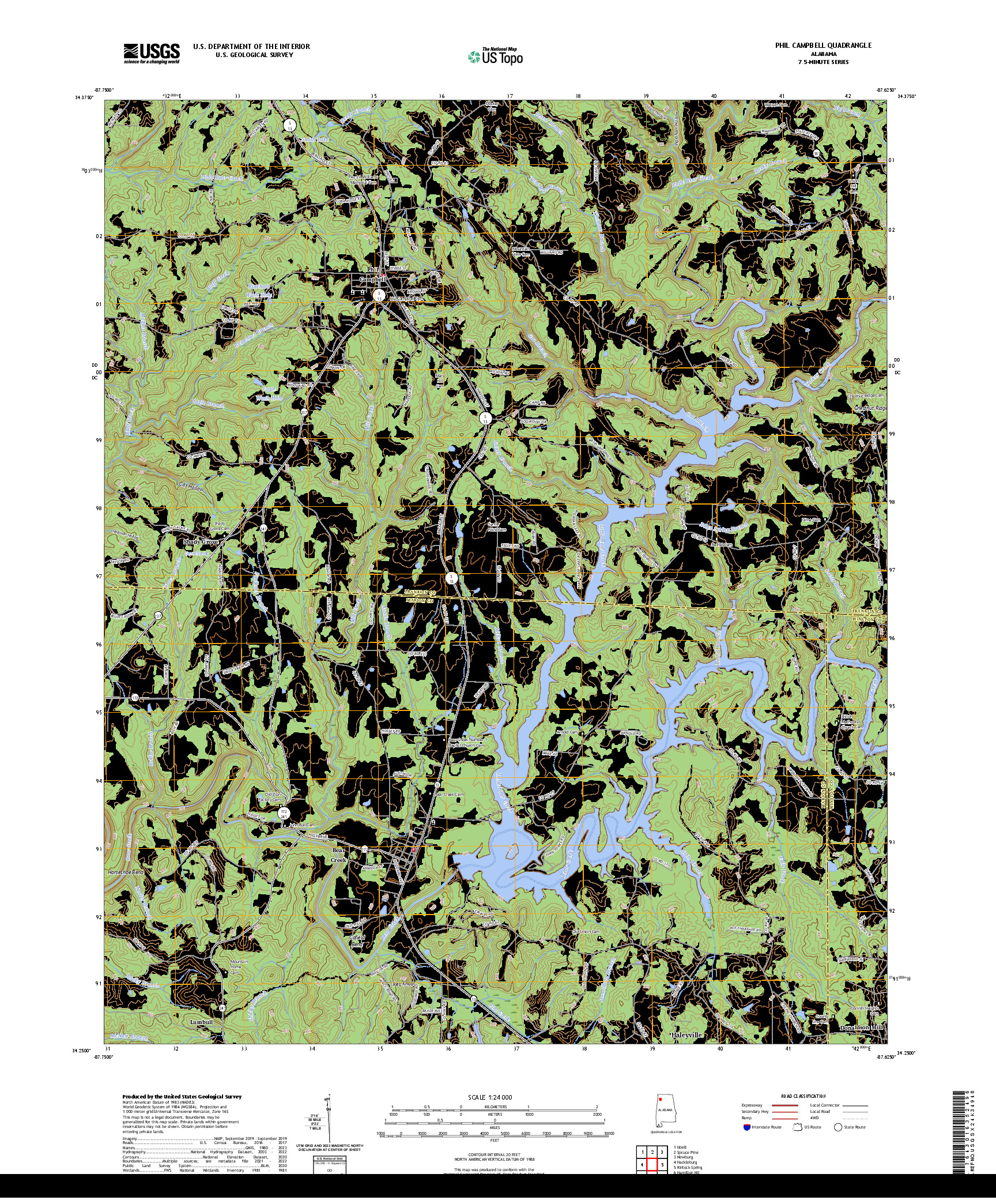 US TOPO 7.5-MINUTE MAP FOR PHIL CAMPBELL, AL