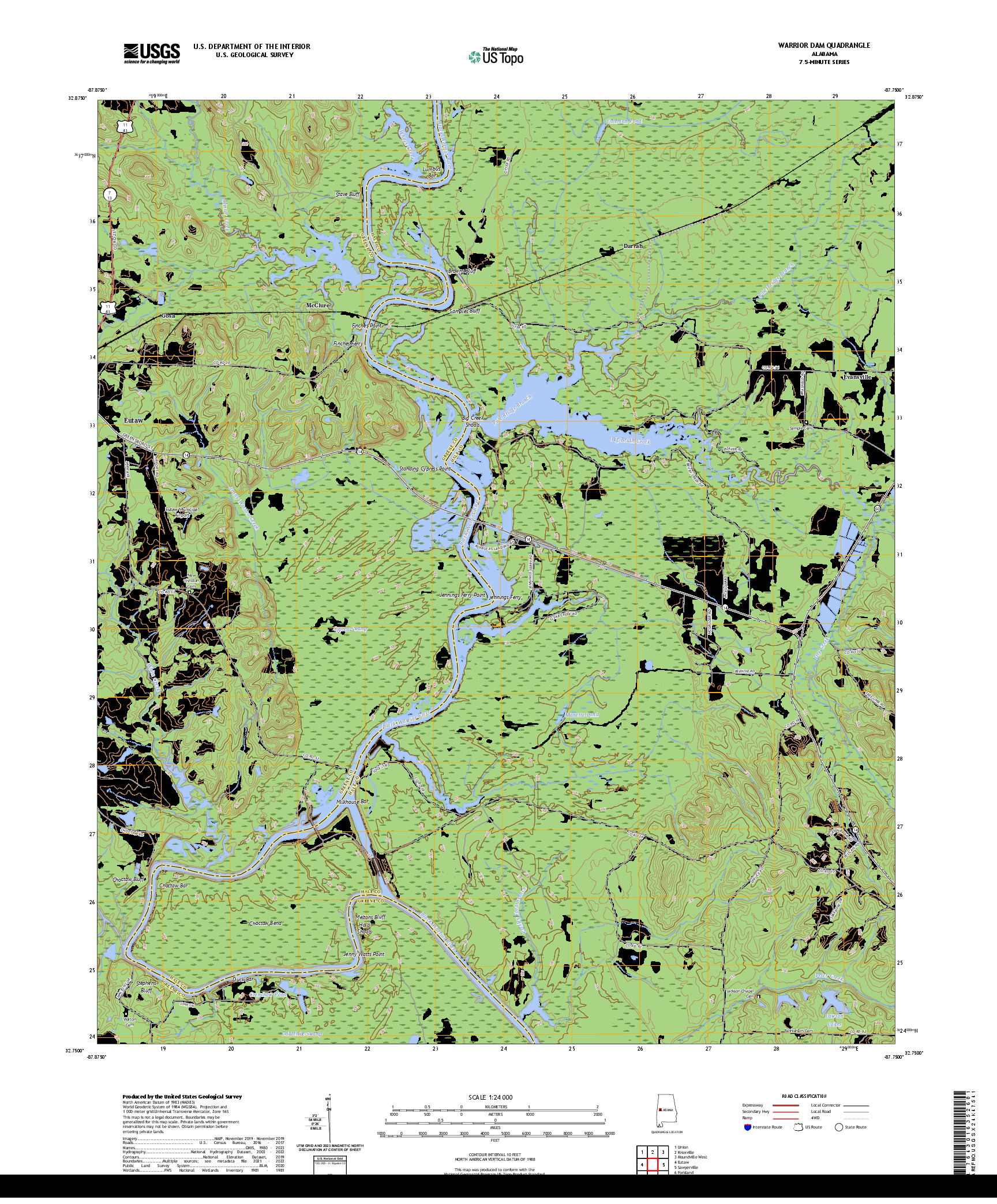 US TOPO 7.5-MINUTE MAP FOR WARRIOR DAM, AL