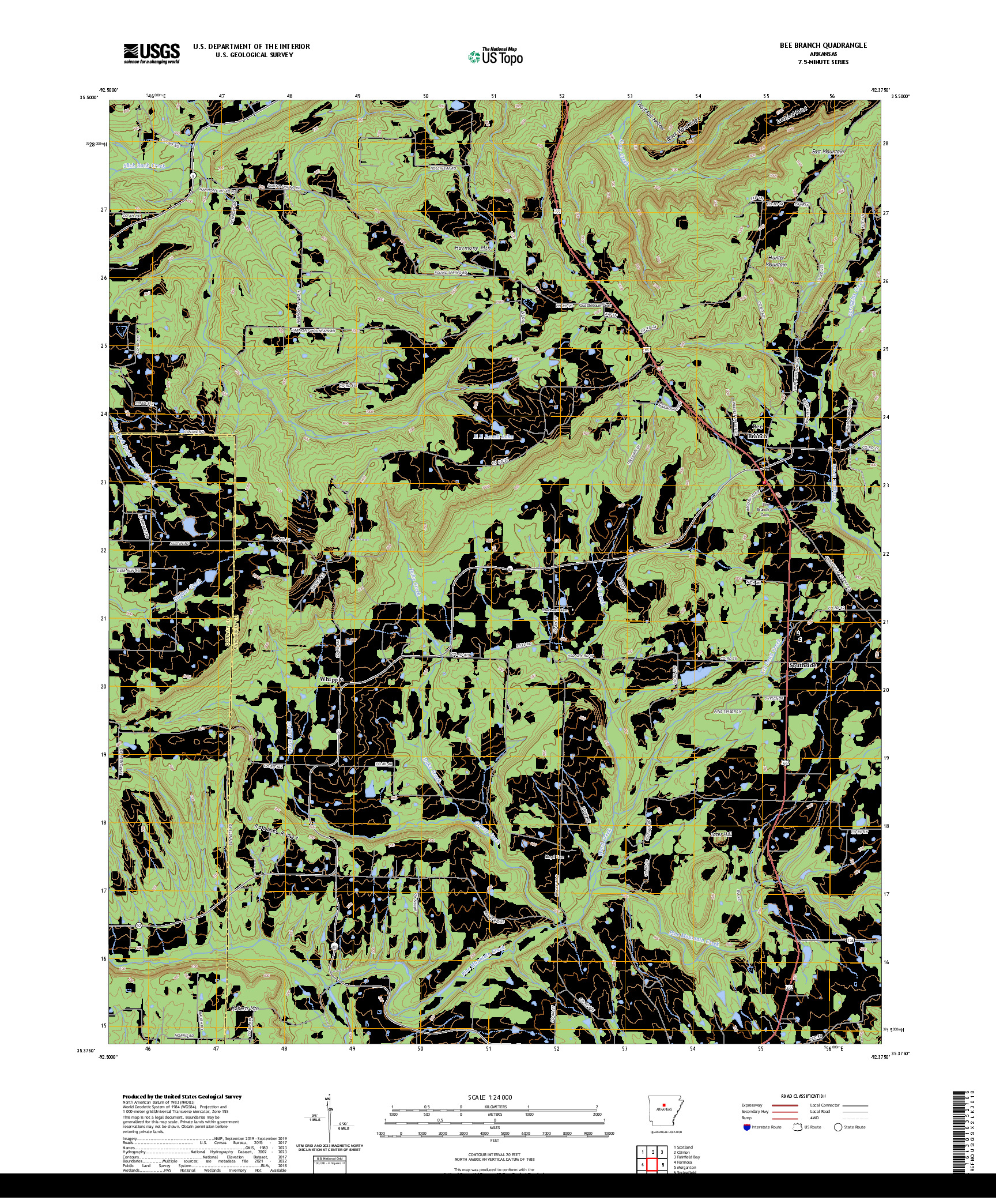 US TOPO 7.5-MINUTE MAP FOR BEE BRANCH, AR