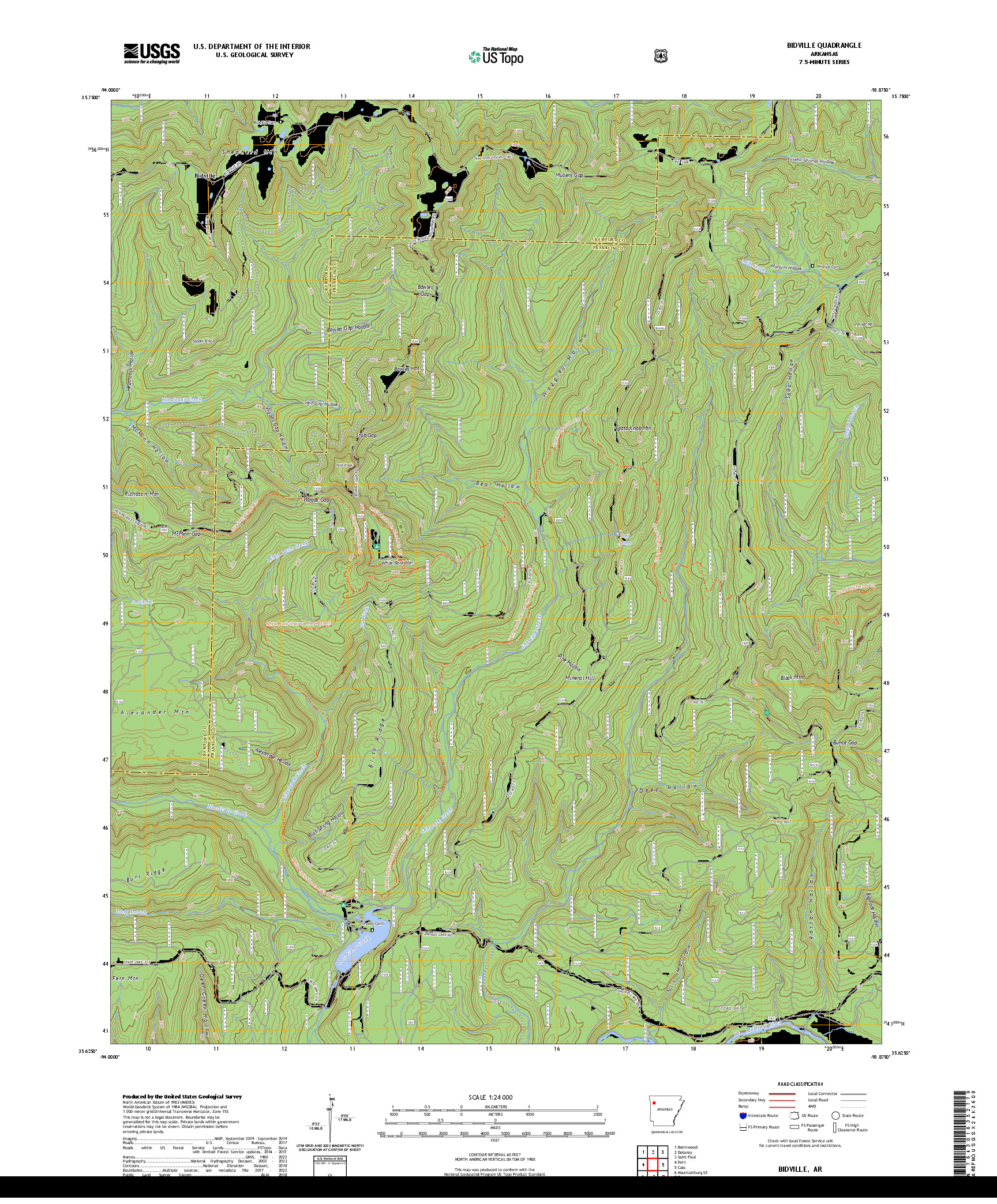US TOPO 7.5-MINUTE MAP FOR BIDVILLE, AR