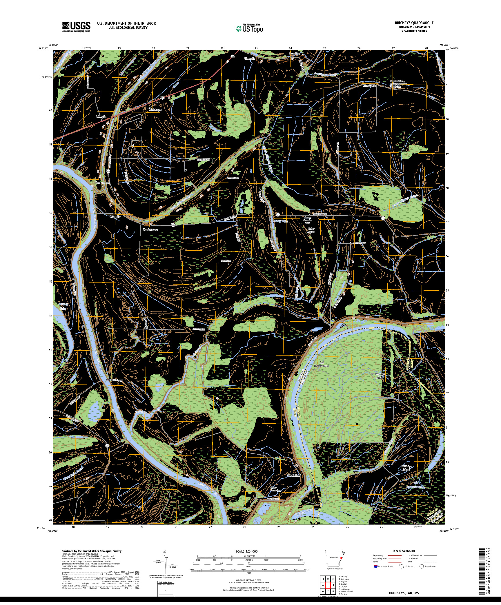 US TOPO 7.5-MINUTE MAP FOR BRICKEYS, AR,MS