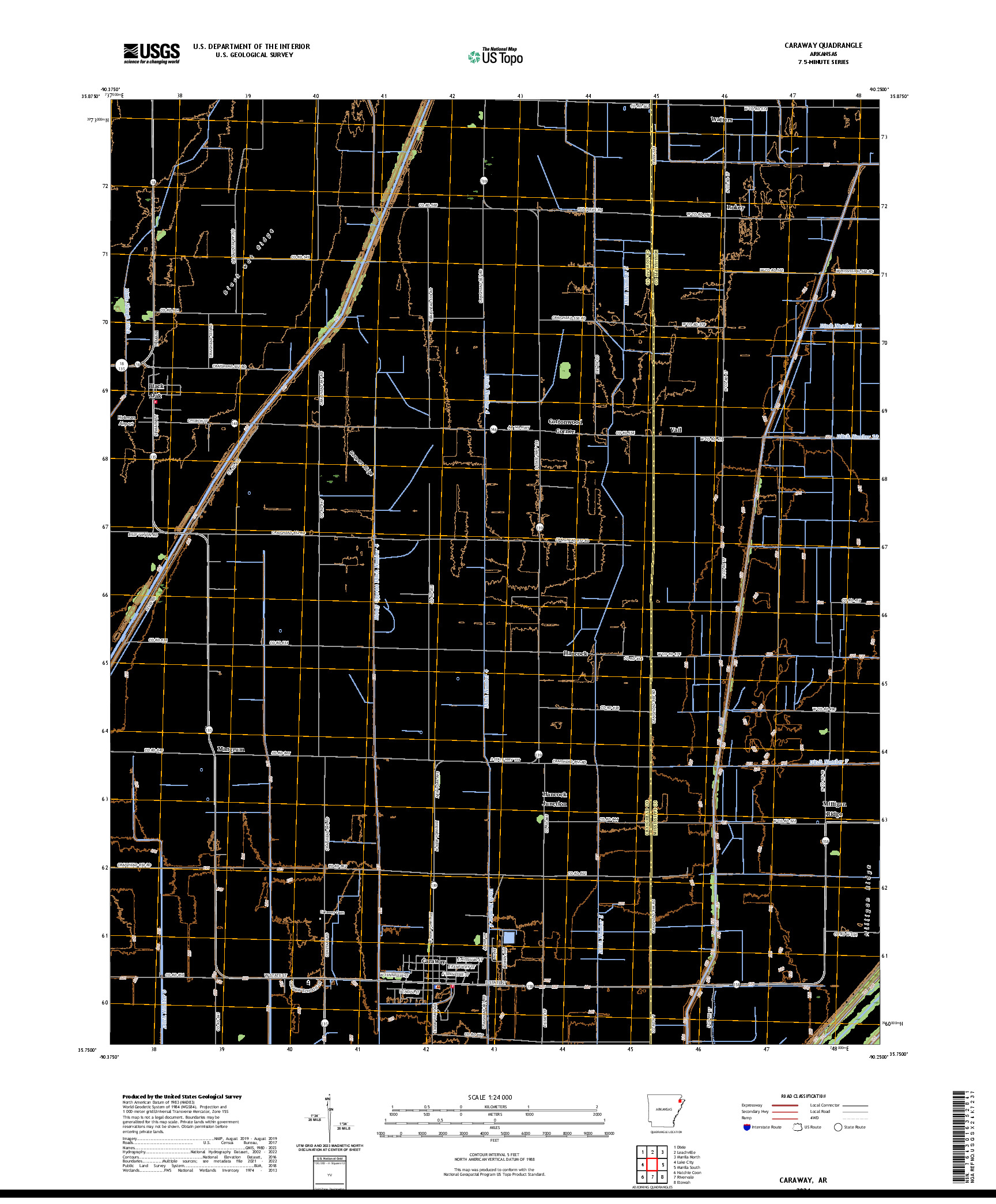 US TOPO 7.5-MINUTE MAP FOR CARAWAY, AR