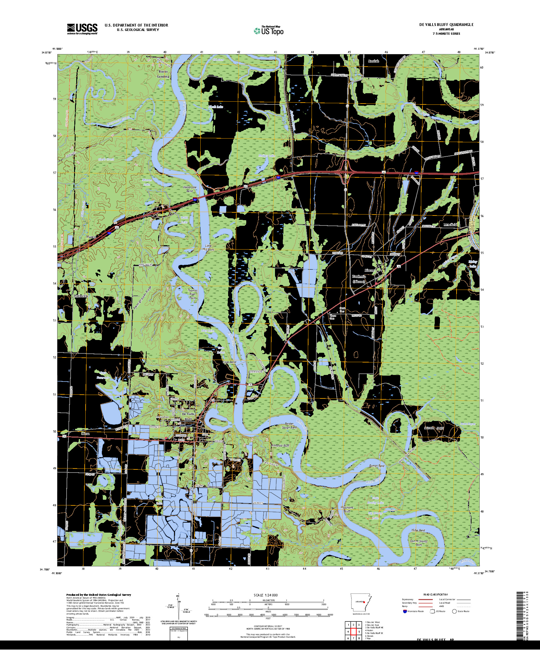 US TOPO 7.5-MINUTE MAP FOR DE VALLS BLUFF, AR