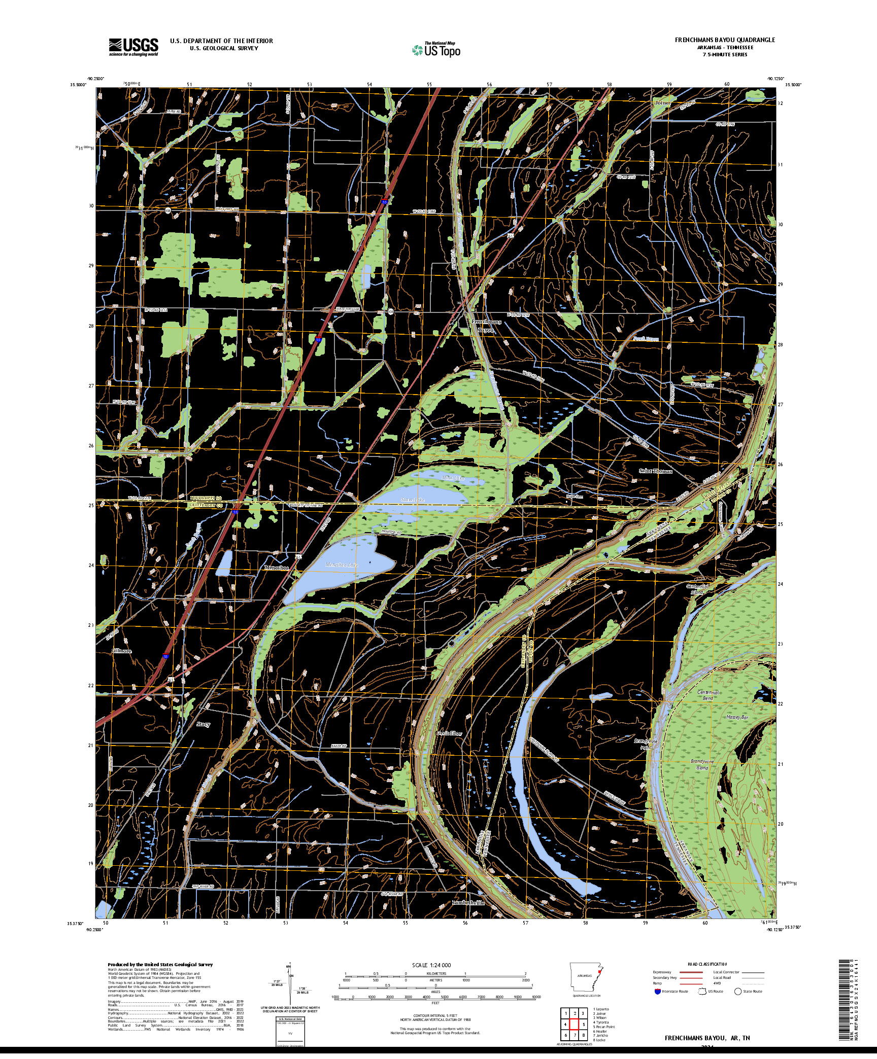 US TOPO 7.5-MINUTE MAP FOR FRENCHMANS BAYOU, AR,TN