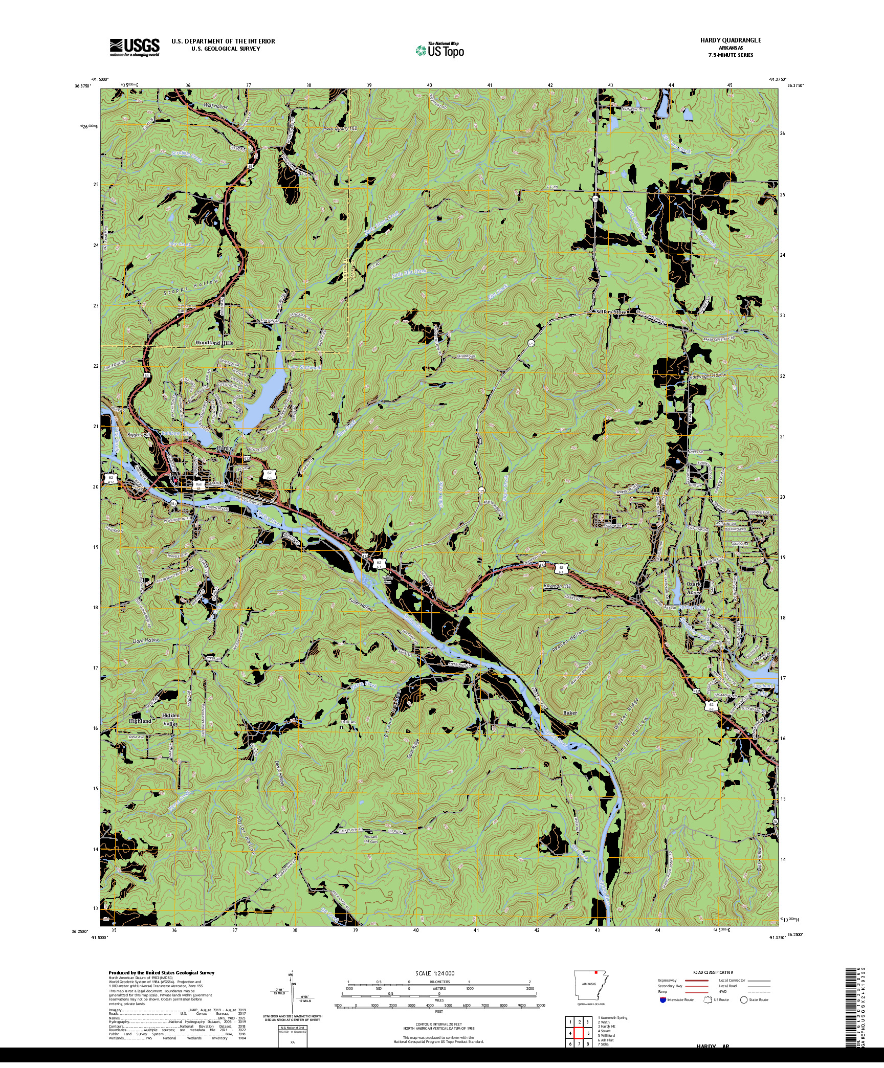 US TOPO 7.5-MINUTE MAP FOR HARDY, AR