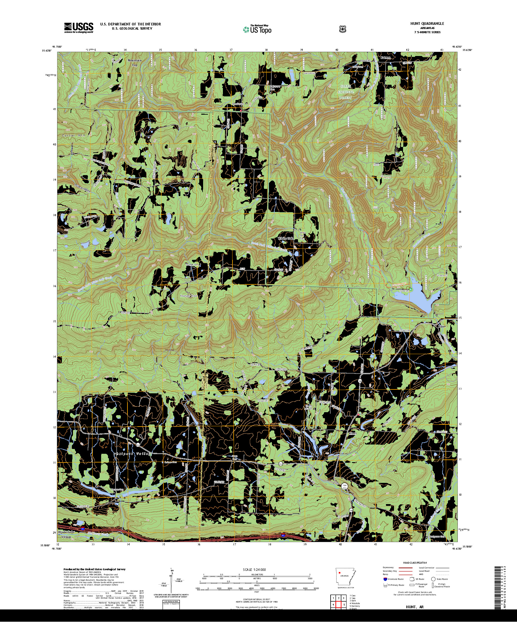US TOPO 7.5-MINUTE MAP FOR HUNT, AR