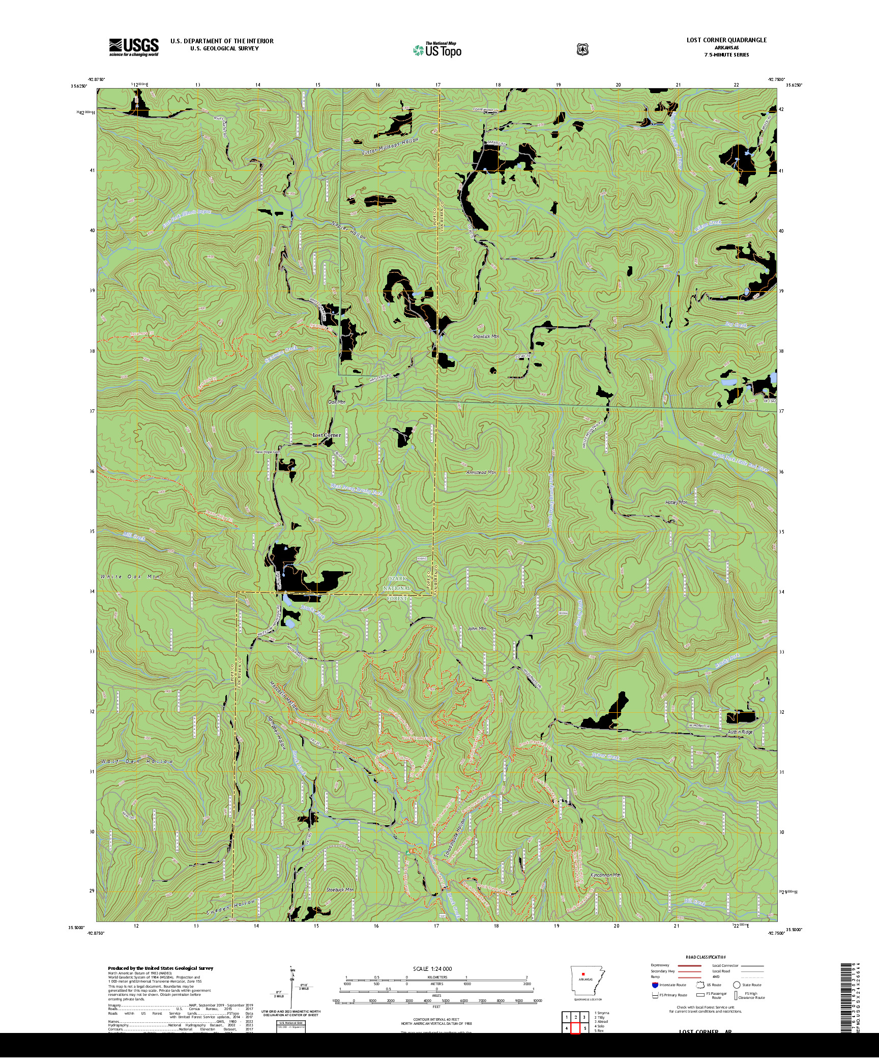 US TOPO 7.5-MINUTE MAP FOR LOST CORNER, AR