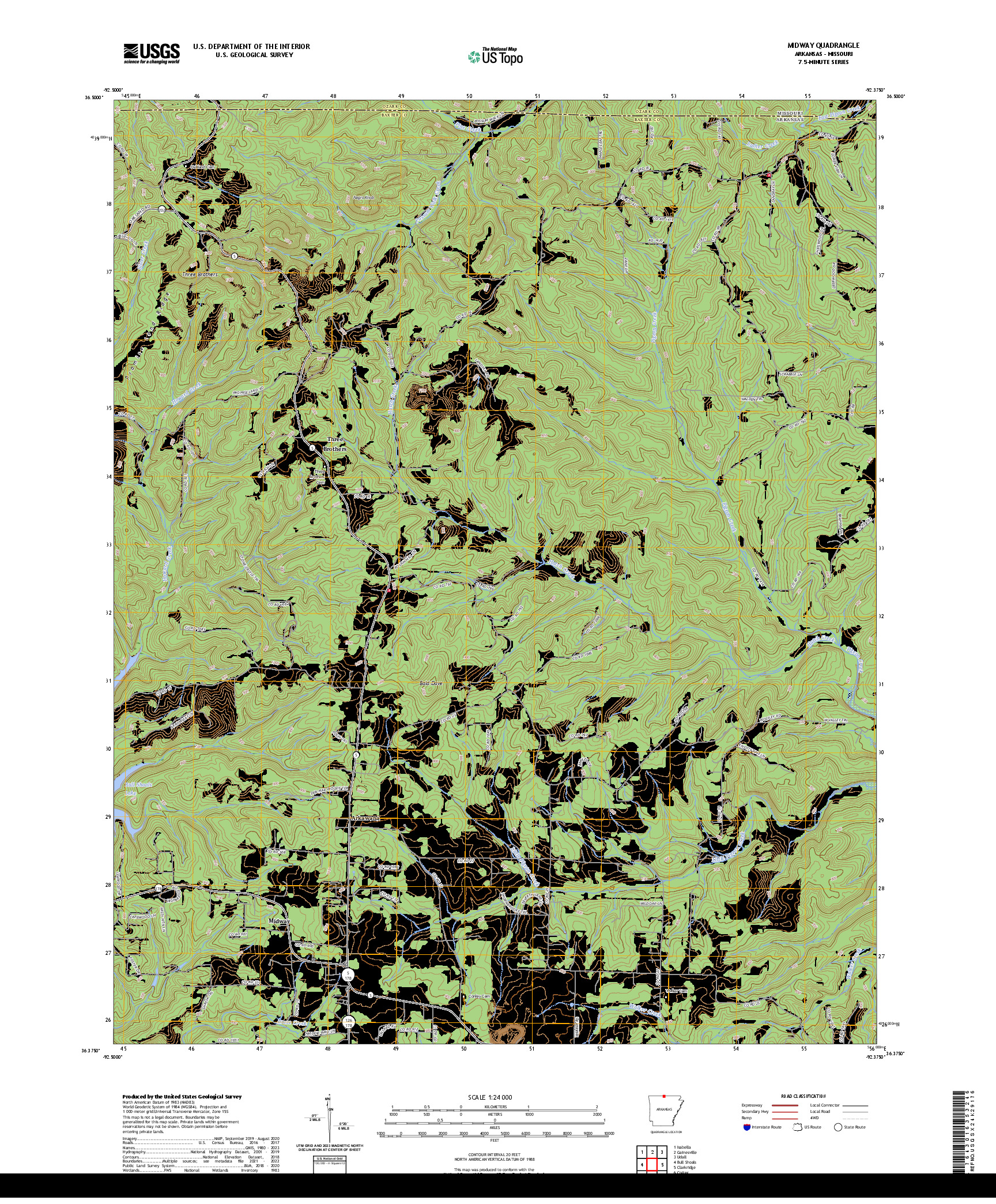 US TOPO 7.5-MINUTE MAP FOR MIDWAY, AR,MO