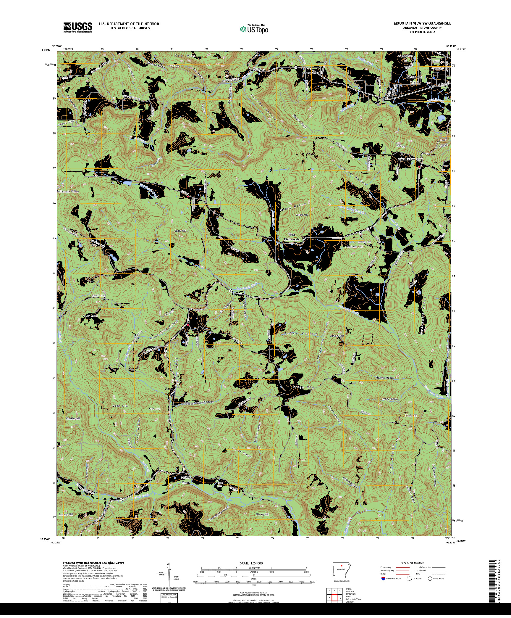 US TOPO 7.5-MINUTE MAP FOR MOUNTAIN VIEW SW, AR