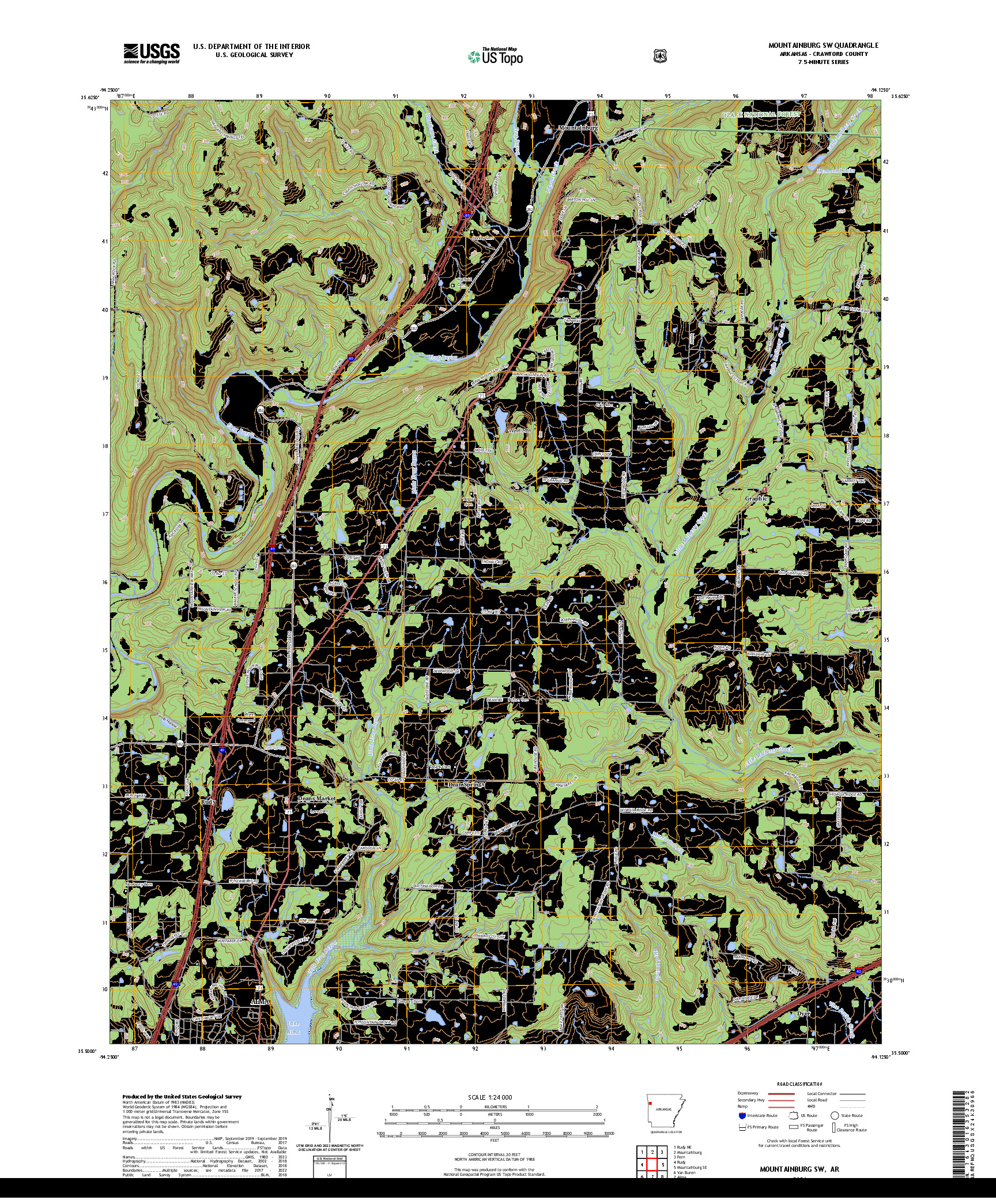 US TOPO 7.5-MINUTE MAP FOR MOUNTAINBURG SW, AR