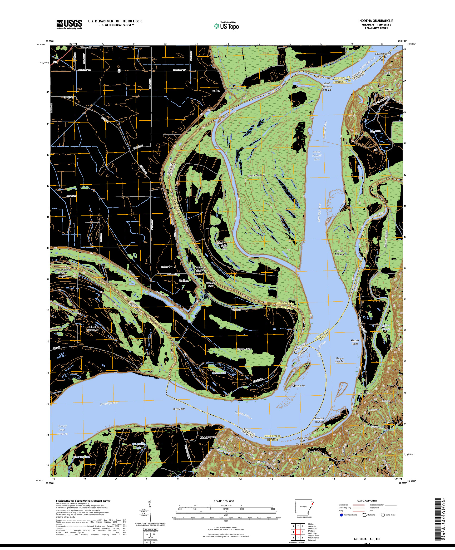 US TOPO 7.5-MINUTE MAP FOR NODENA, AR,TN