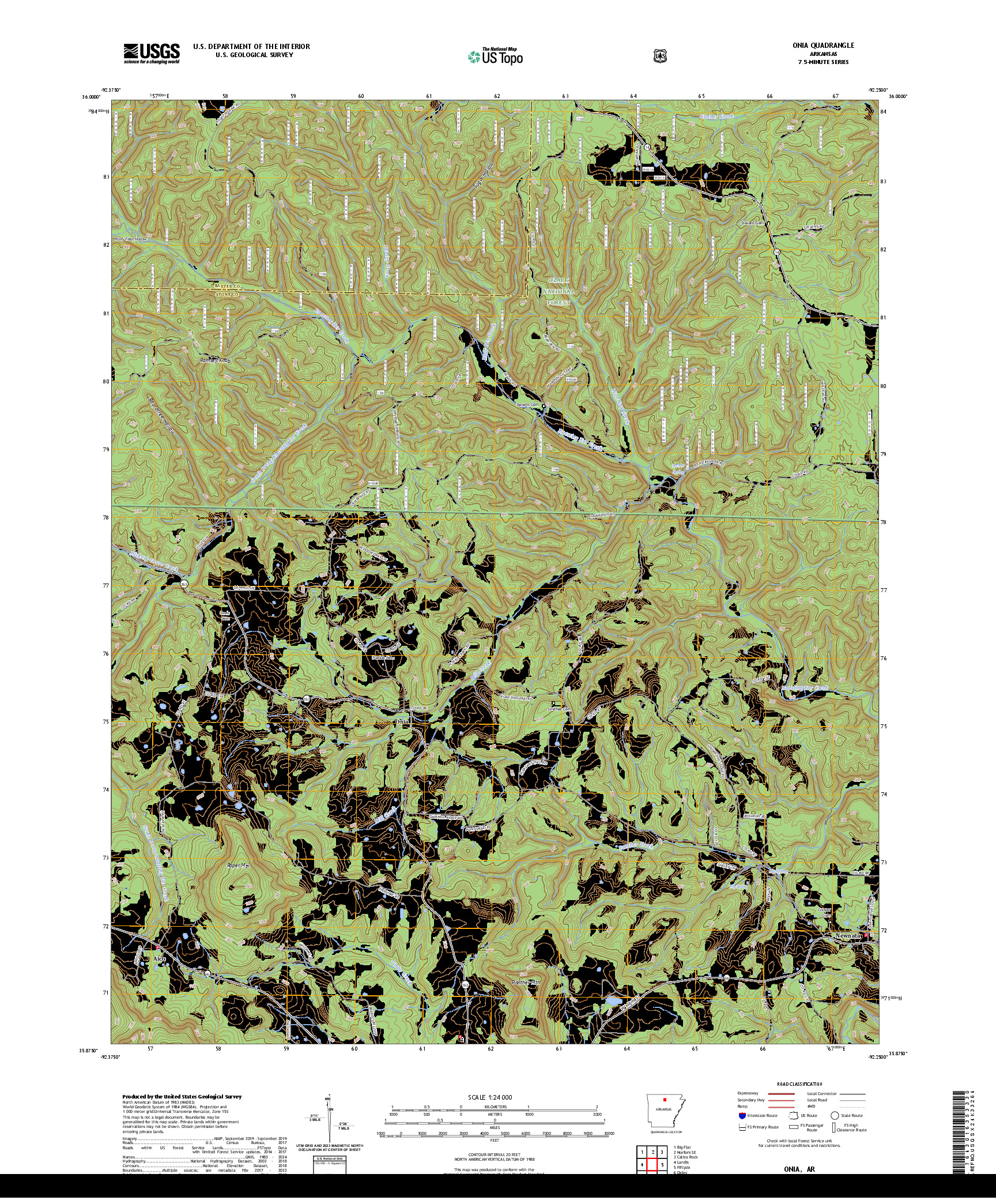 US TOPO 7.5-MINUTE MAP FOR ONIA, AR
