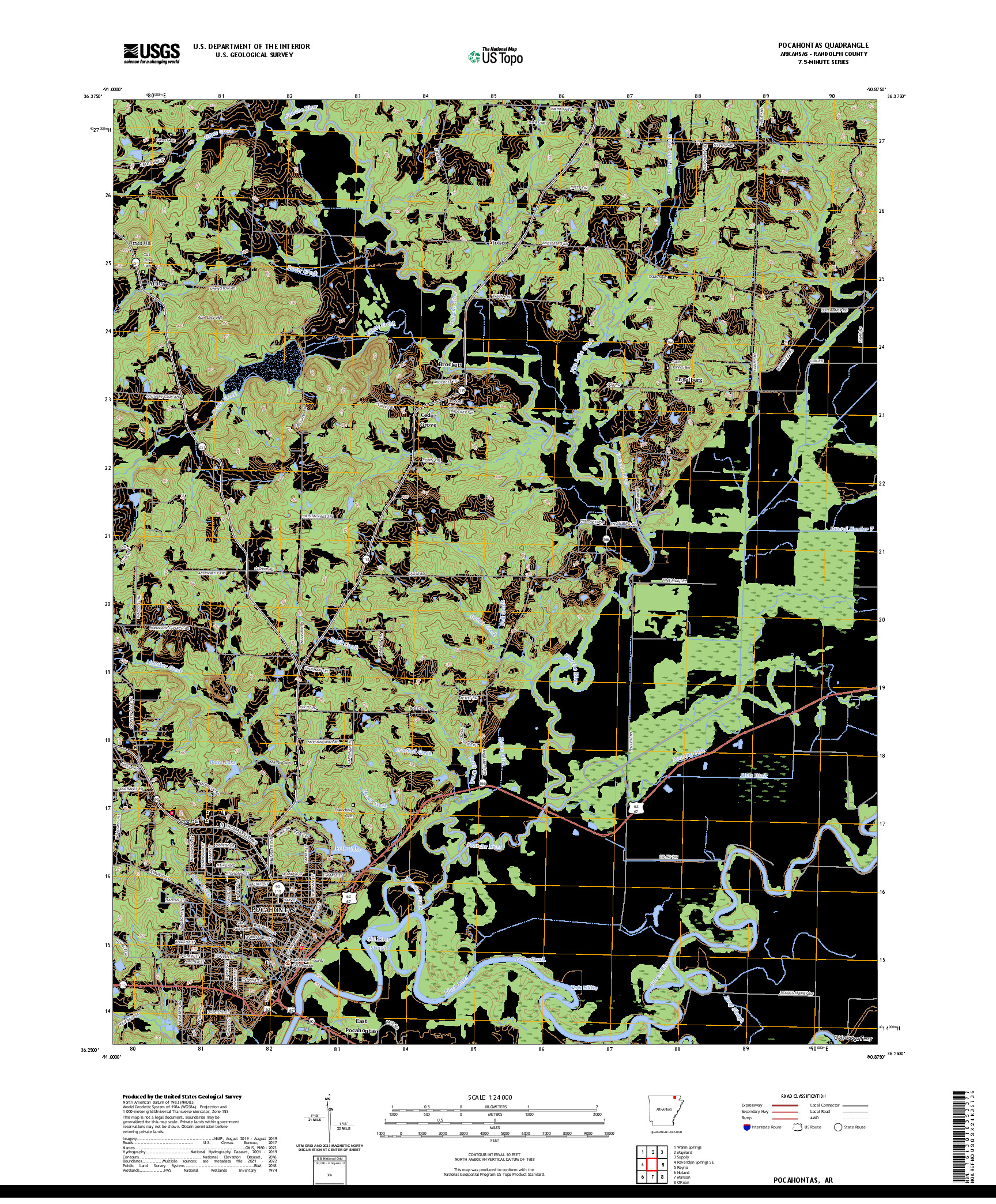 US TOPO 7.5-MINUTE MAP FOR POCAHONTAS, AR