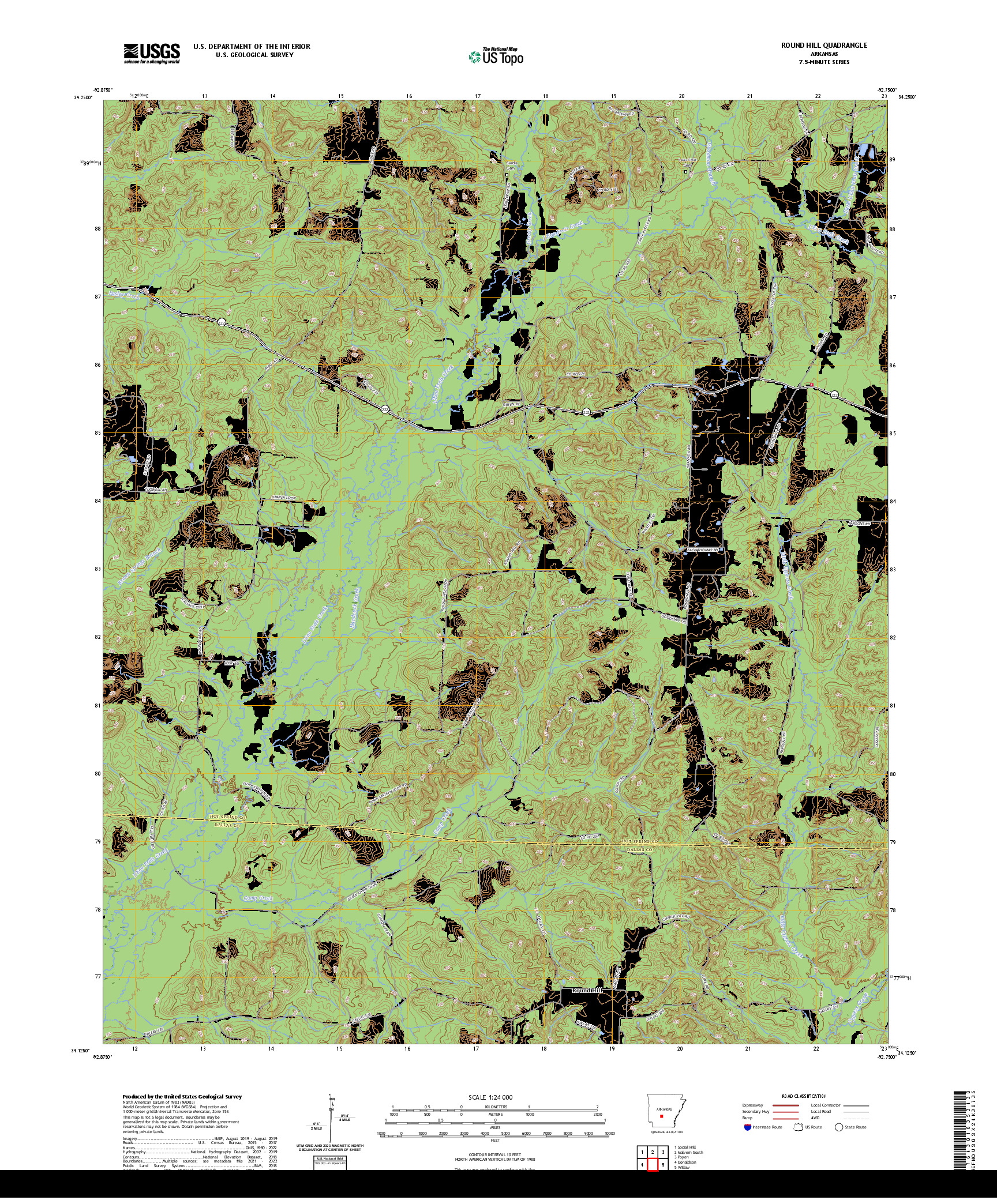 US TOPO 7.5-MINUTE MAP FOR ROUND HILL, AR