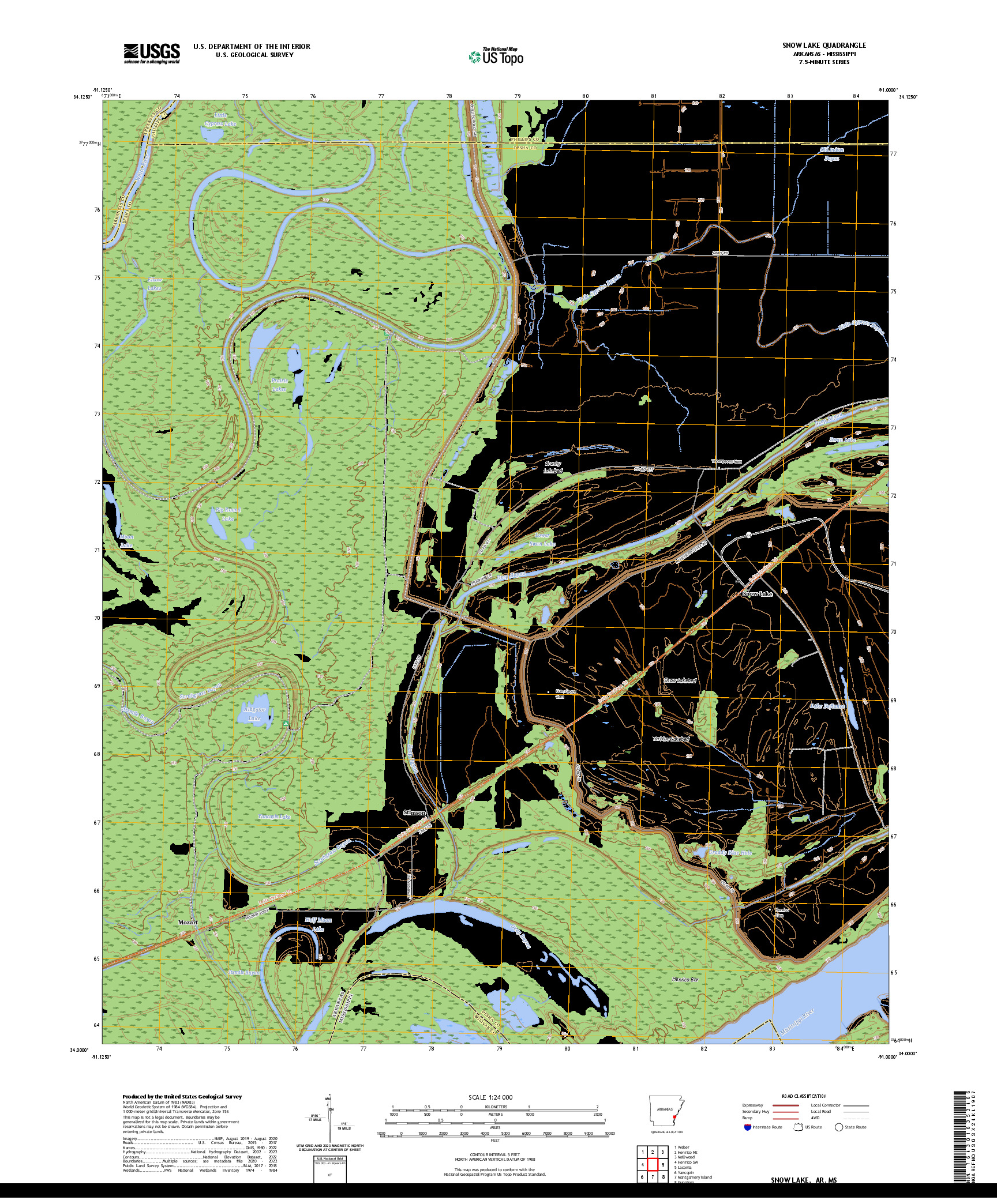 US TOPO 7.5-MINUTE MAP FOR SNOW LAKE, AR,MS