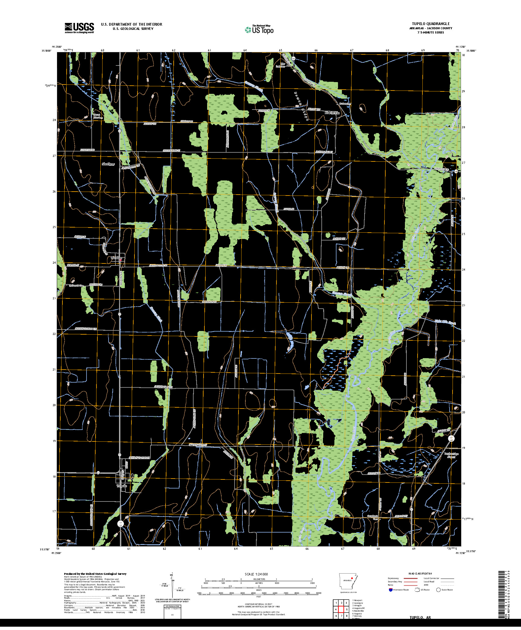 US TOPO 7.5-MINUTE MAP FOR TUPELO, AR
