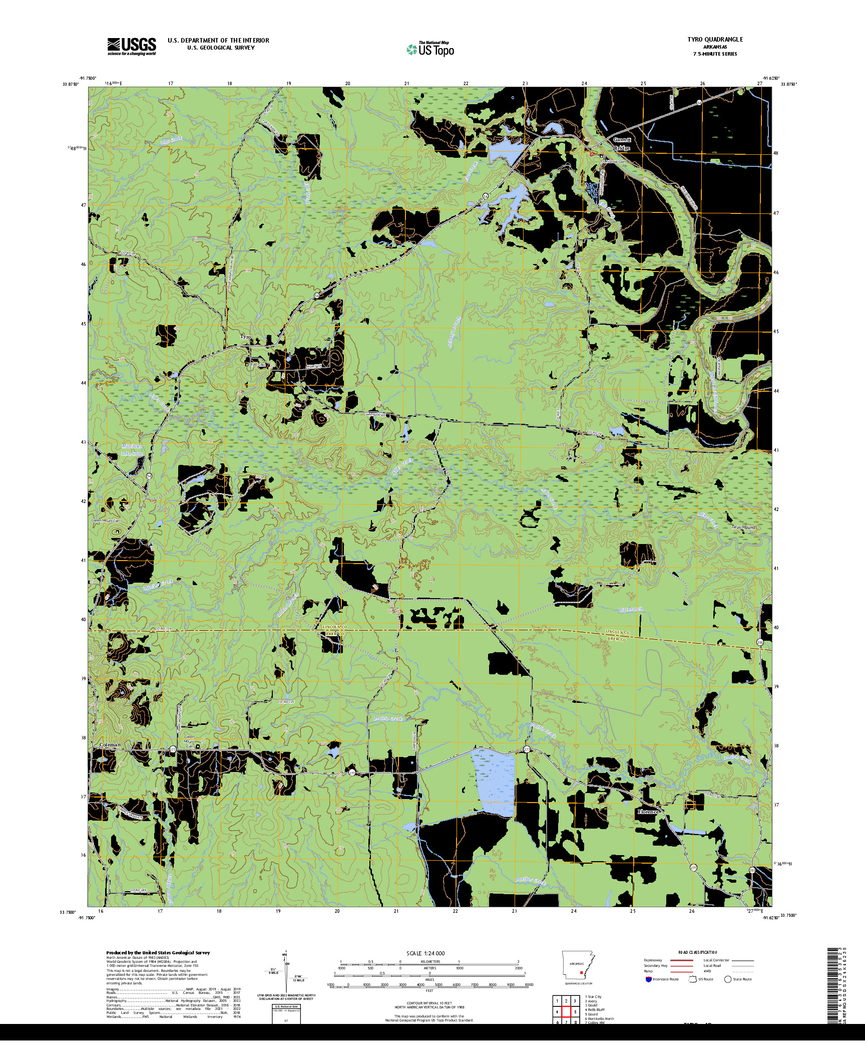 US TOPO 7.5-MINUTE MAP FOR TYRO, AR