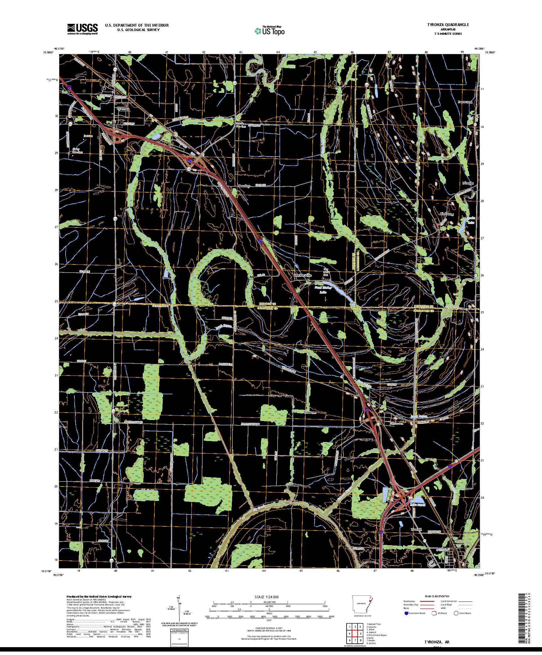 US TOPO 7.5-MINUTE MAP FOR TYRONZA, AR
