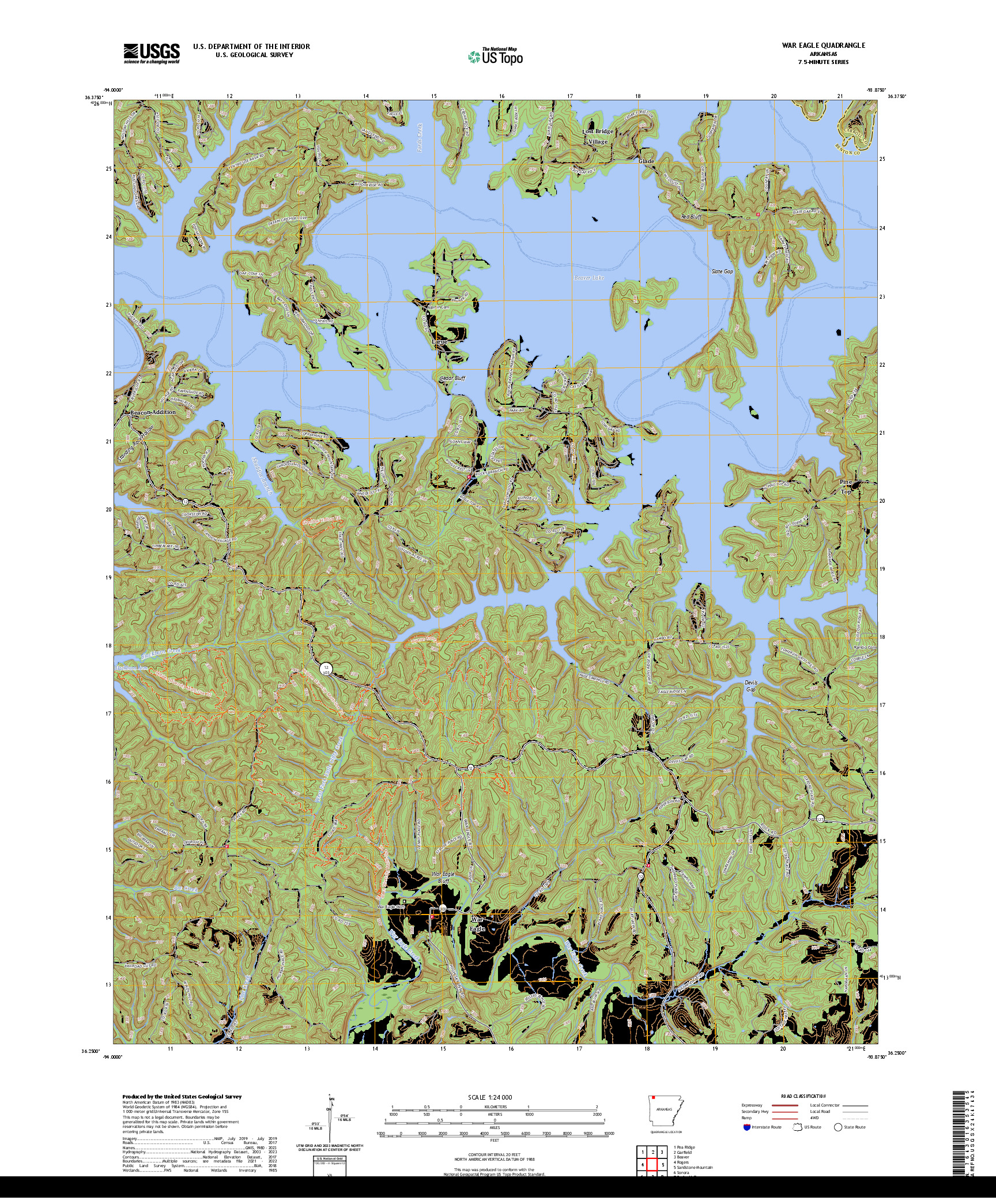 US TOPO 7.5-MINUTE MAP FOR WAR EAGLE, AR